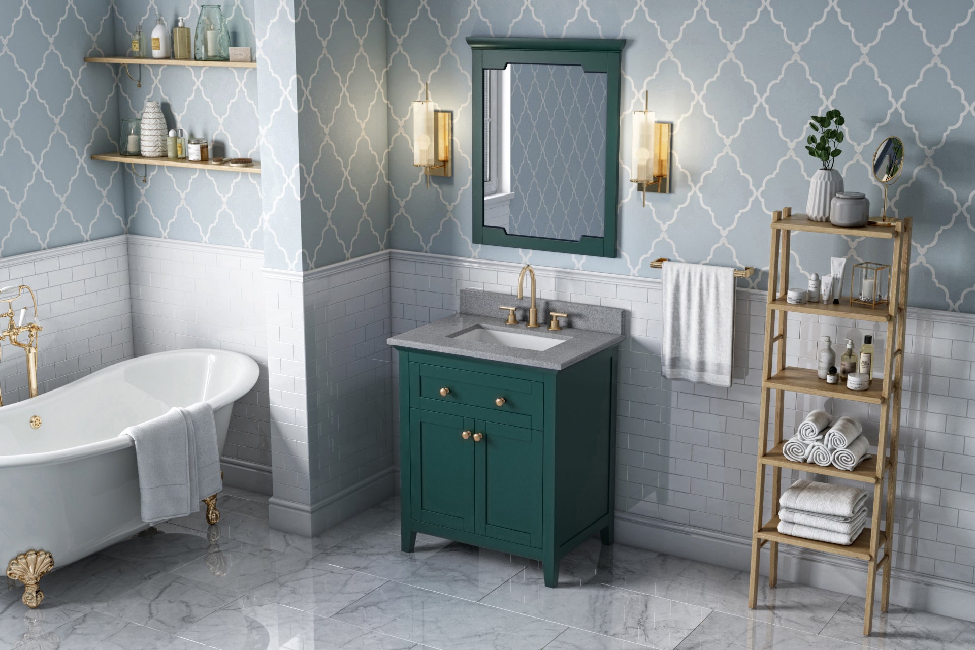 30" Forest Green Chatham Vanity, Steel Grey Cultured Marble Vanity Top, undermount rectangle bowl