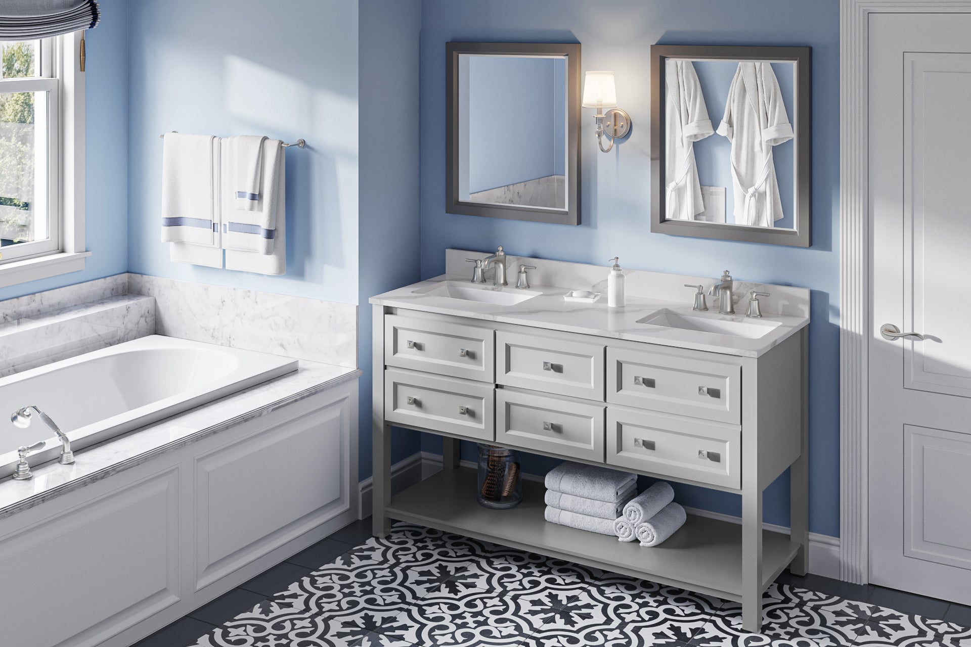 60" Grey Adler Vanity, double bowl, Calacatta Vienna Quartz Vanity Top, two undermount rectangle bowls