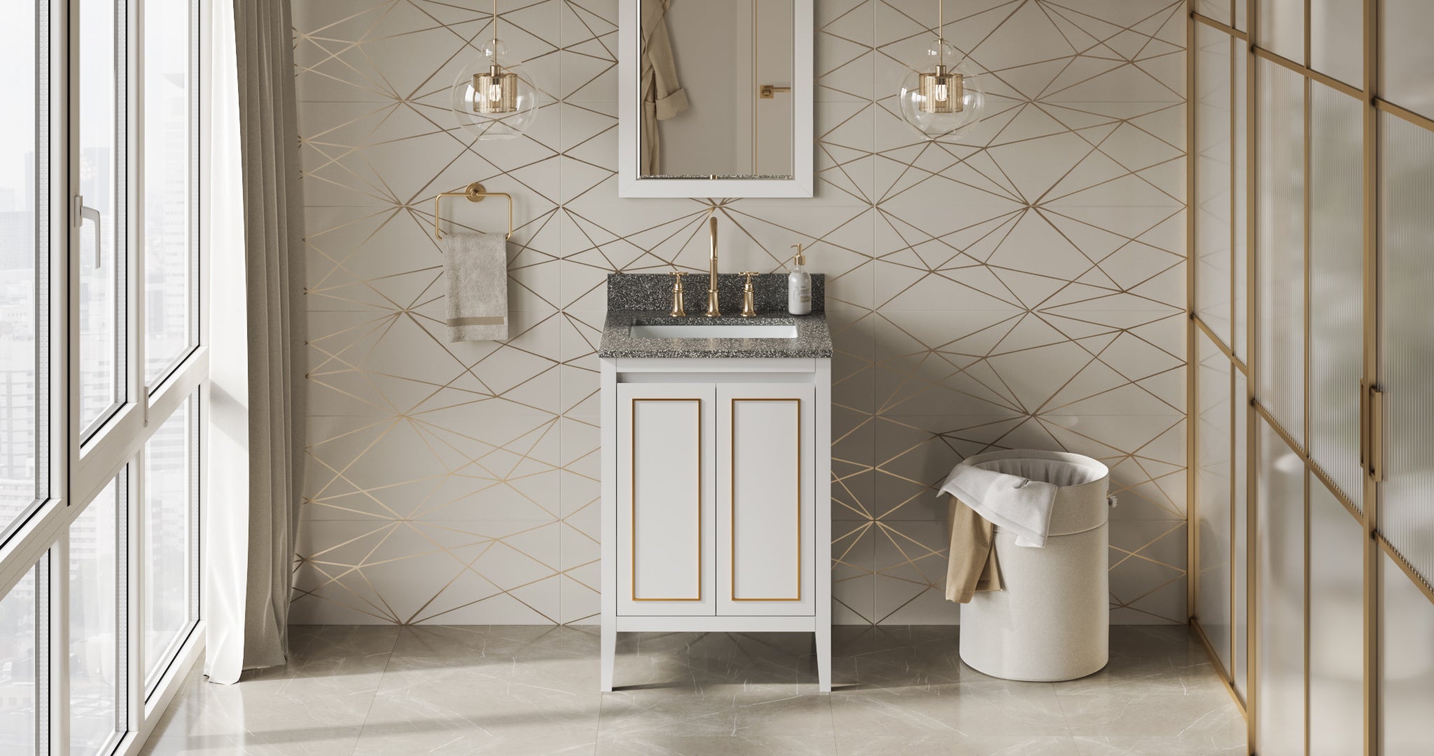24" White Percival Vanity, Boulder Cultured Marble Vanity Top, undermount rectangle bowl | KitchBath
