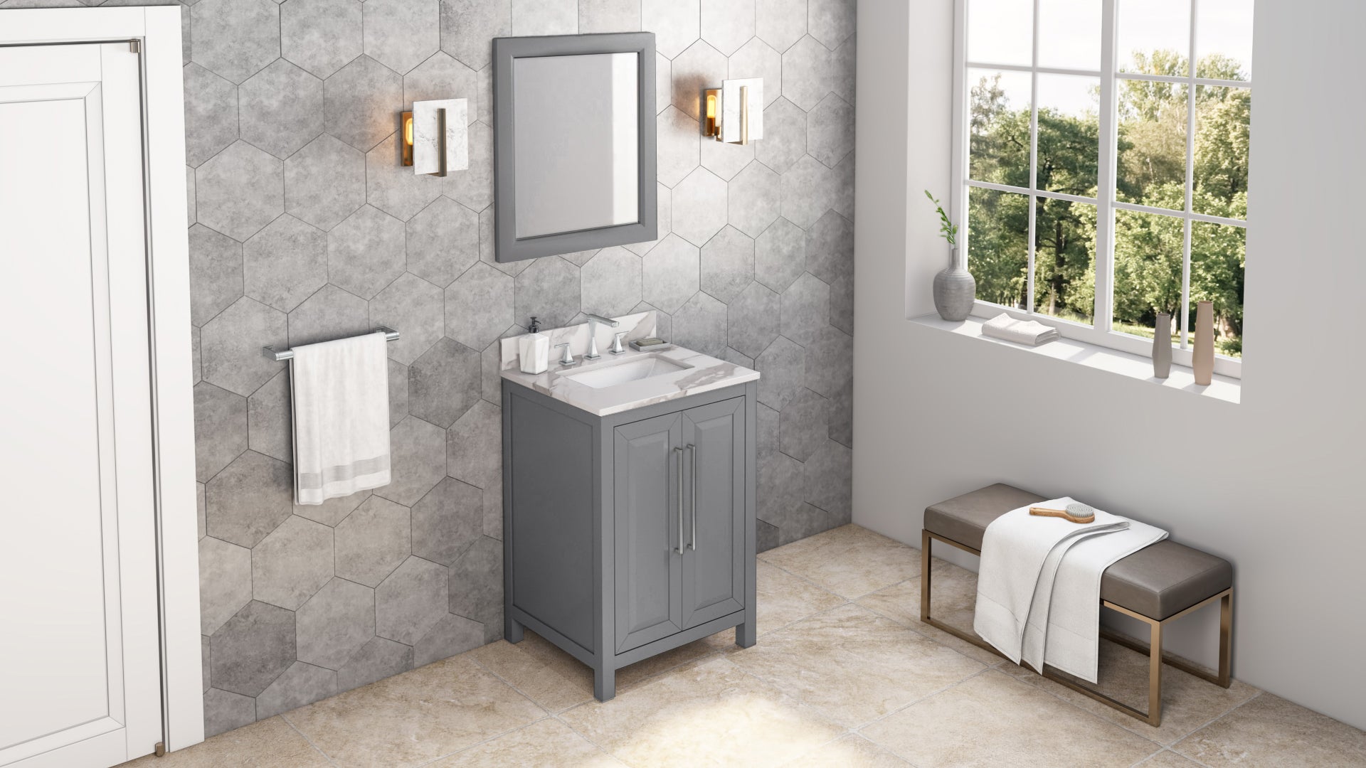 24" Grey Cade Vanity, Calacatta Vienna Quartz Vanity Top, undermount rectangle bowl