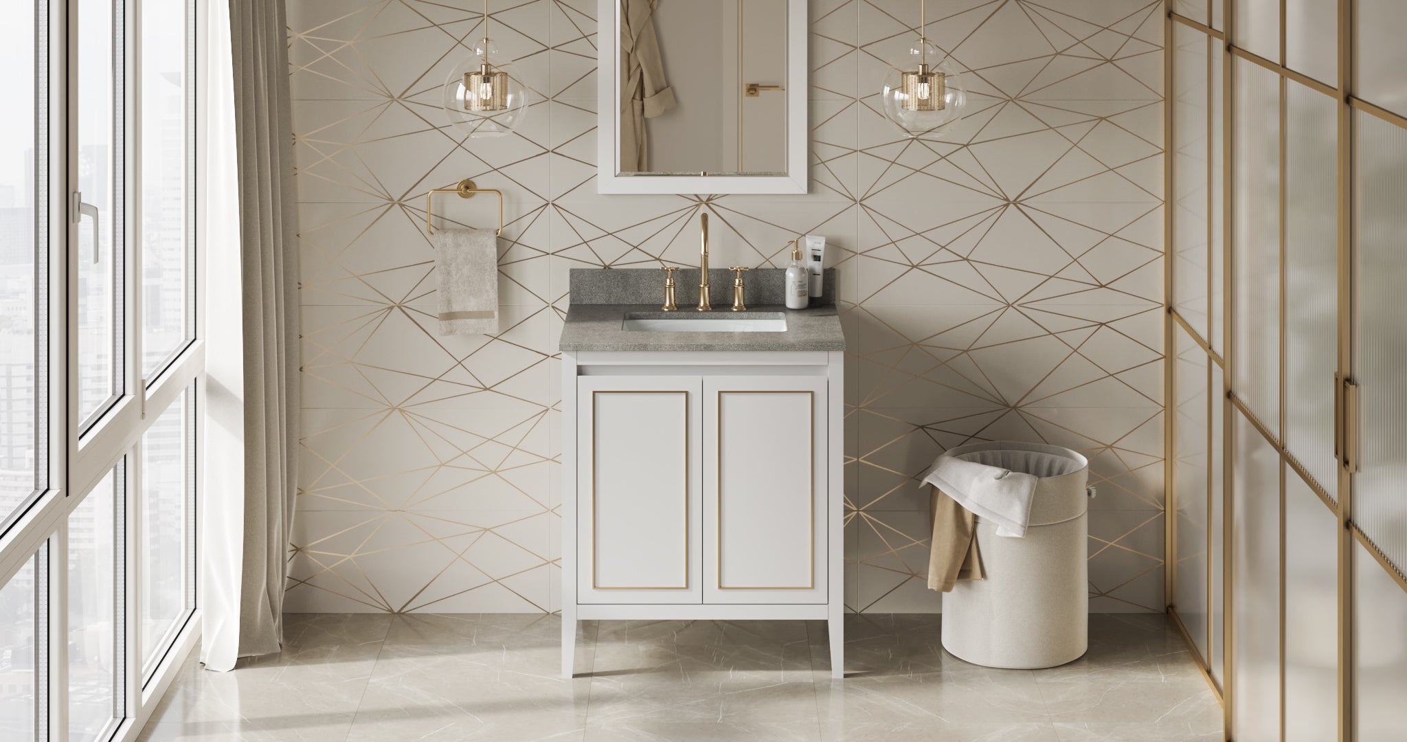 30" White Percival Vanity, Steel Grey Cultured Marble Vanity Top, undermount rectangle bowl | KitchBath