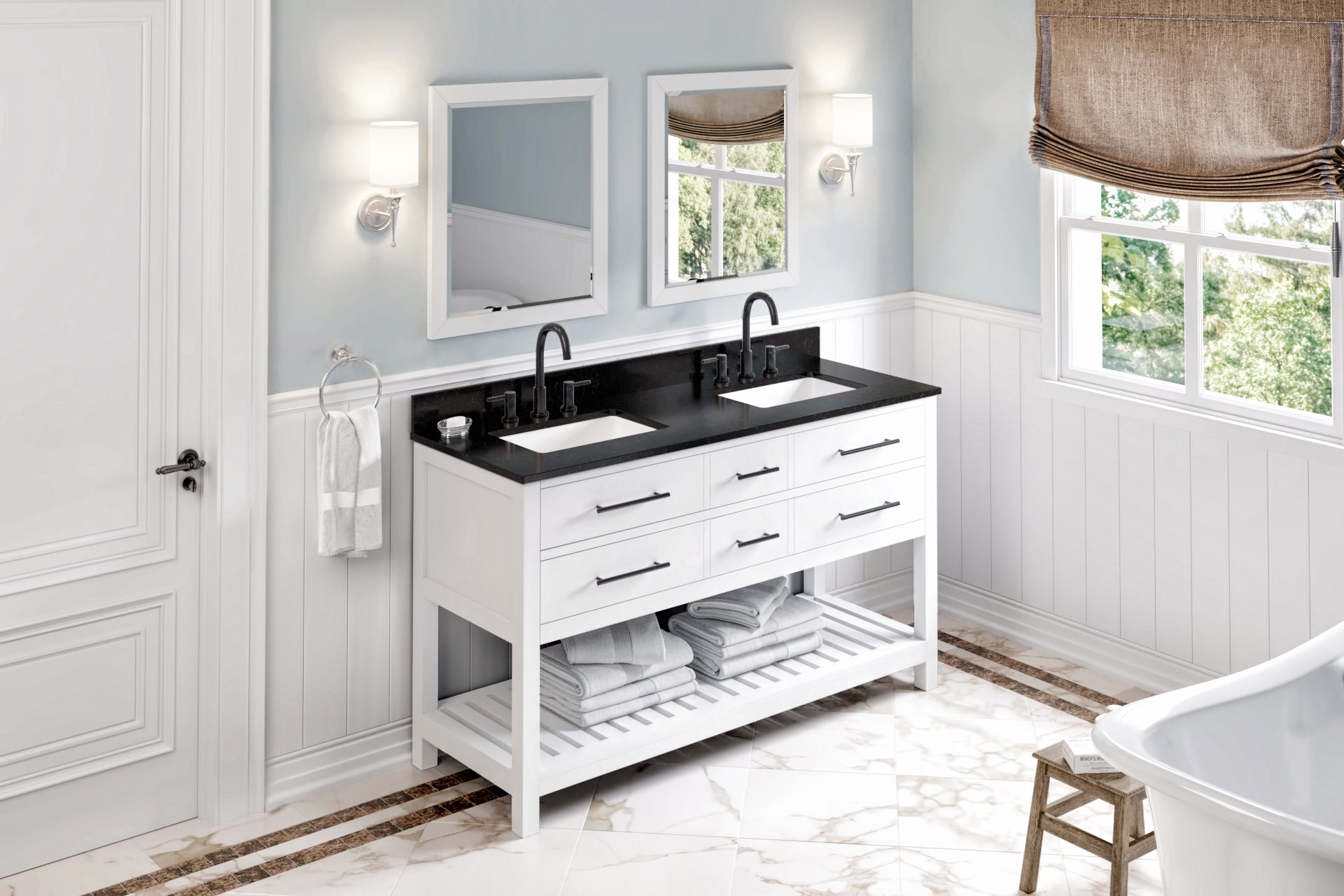 60" White Wavecrest Vanity, double bowl, Black Granite Vanity Top, two undermount rectangle bowls