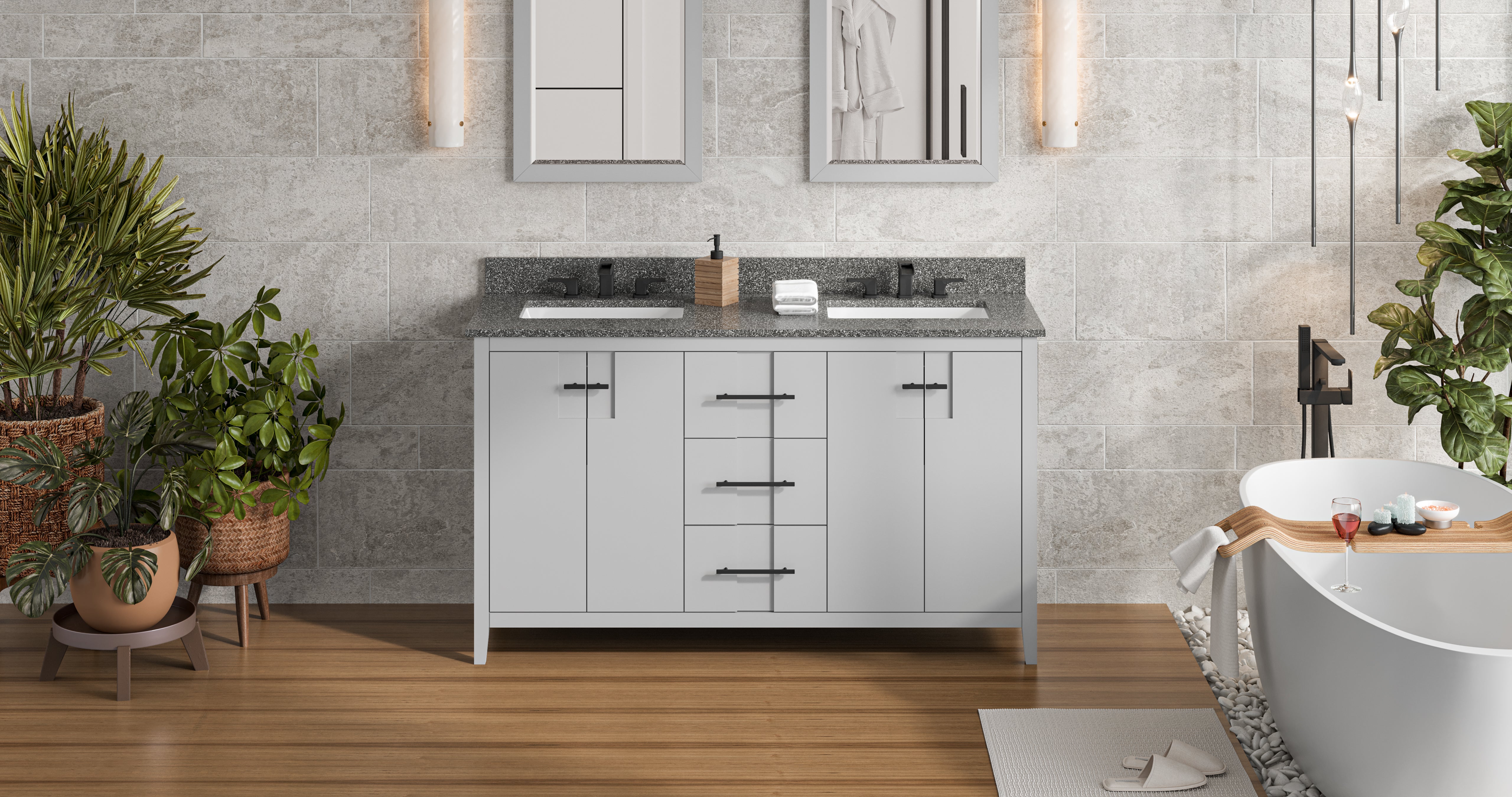 60" Grey Katara Vanity, double bowl, Boulder Cultured Marble Vanity Top, two undermount rectangle bowls | KitchBath