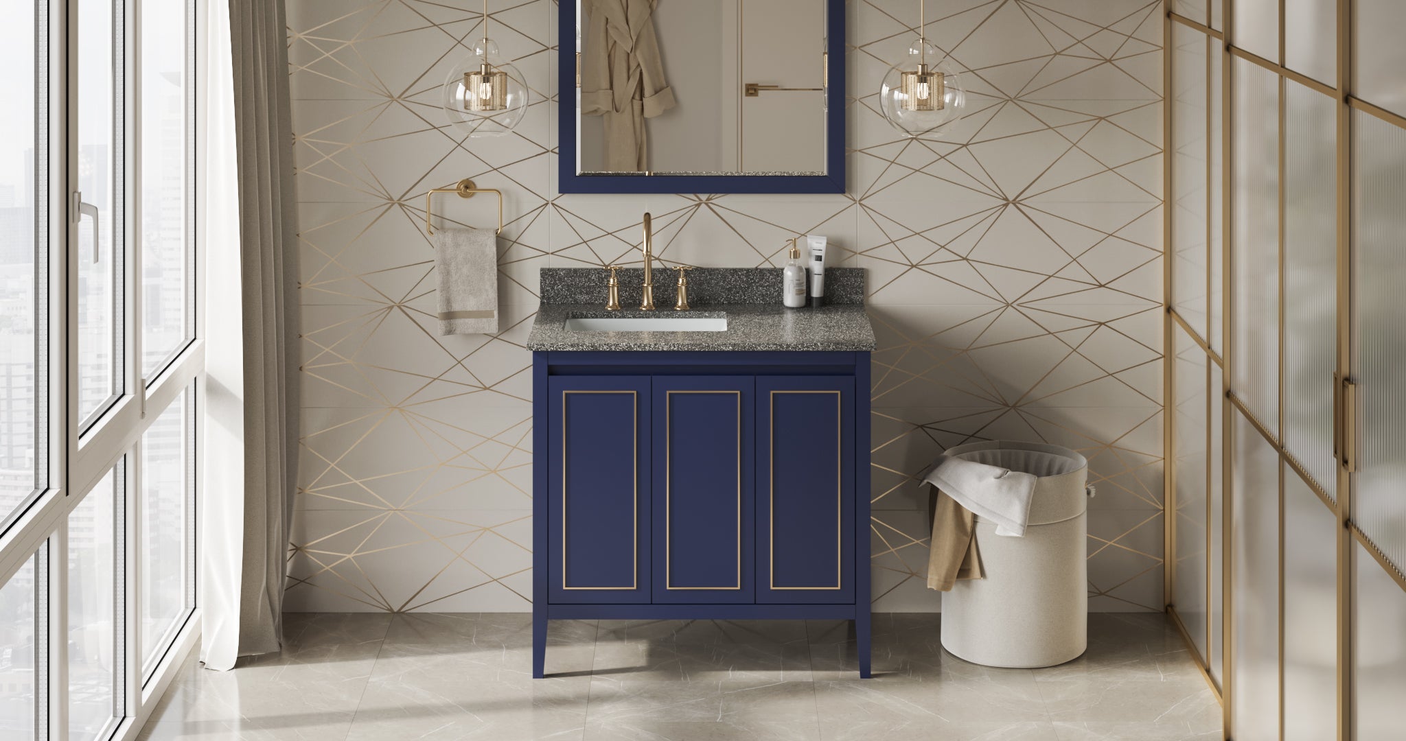 36" Hale Blue Percival Vanity, left offset, Boulder Vanity Cultured Marble Vanity Top, undermount rectangle bowl | KitchBath