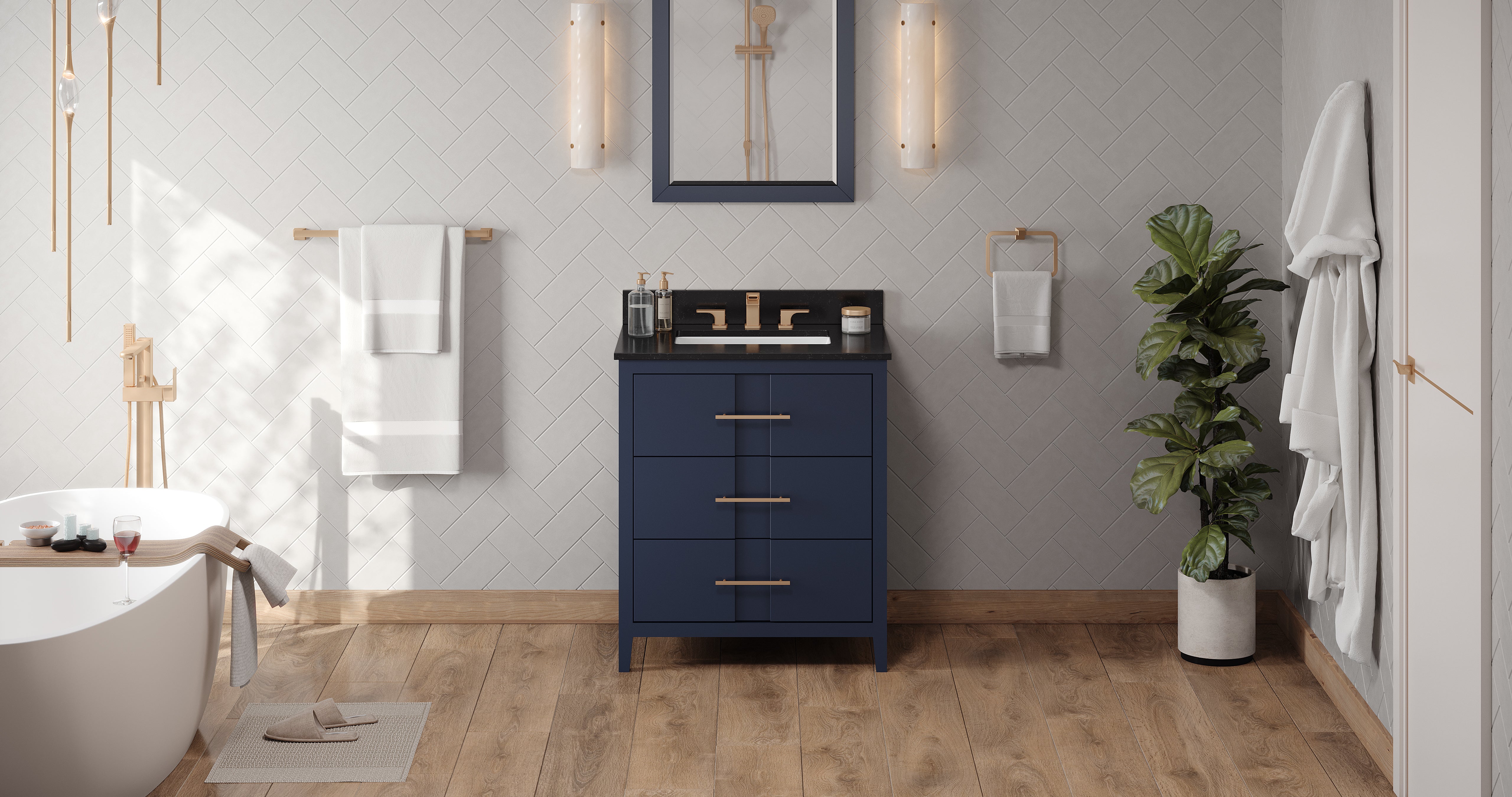 30" Hale Blue Katara Vanity, Black Granite Vanity Top, undermount rectangle bowl | KitchBath