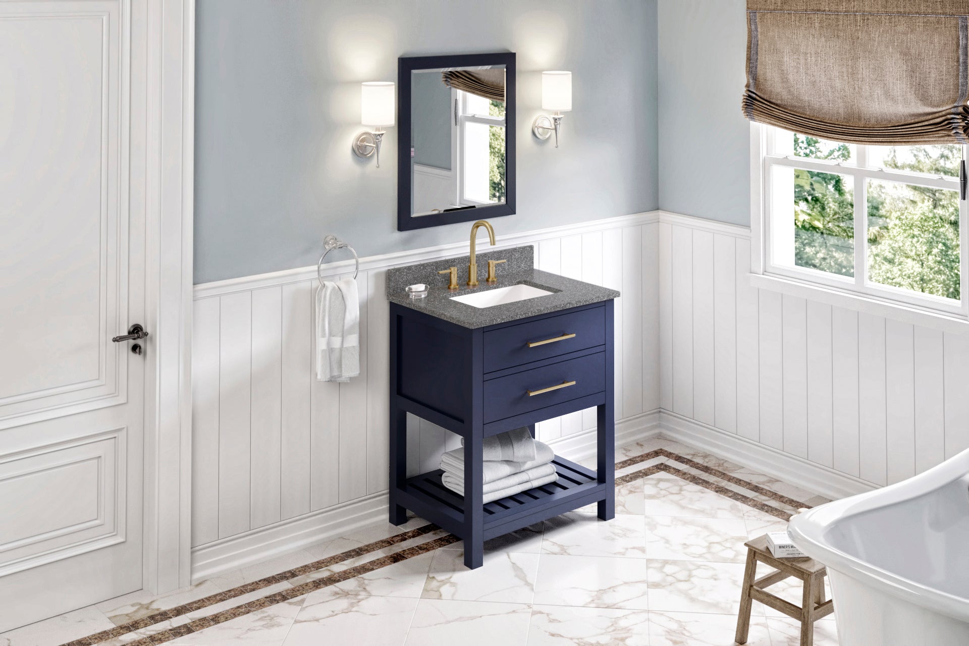 30" Hale Blue Wavecrest Vanity, Boulder Cultured Marble Vanity Top, undermount rectangle bowl