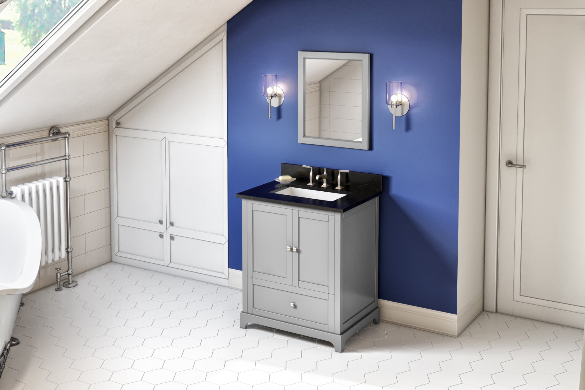 30" Grey Addington Vanity, Black Granite Vanity Top, undermount rectangle bowl