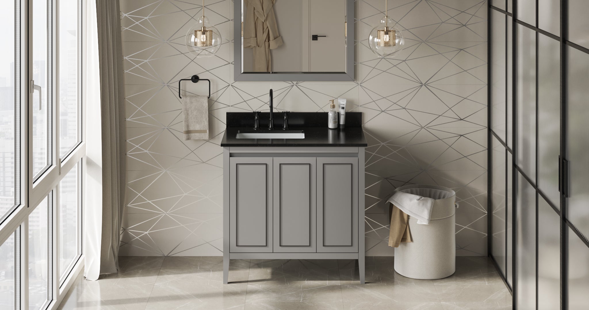 36" Grey Percival Vanity, left offset, Black Granite Vanity Top, undermount rectangle bowl | KitchBath