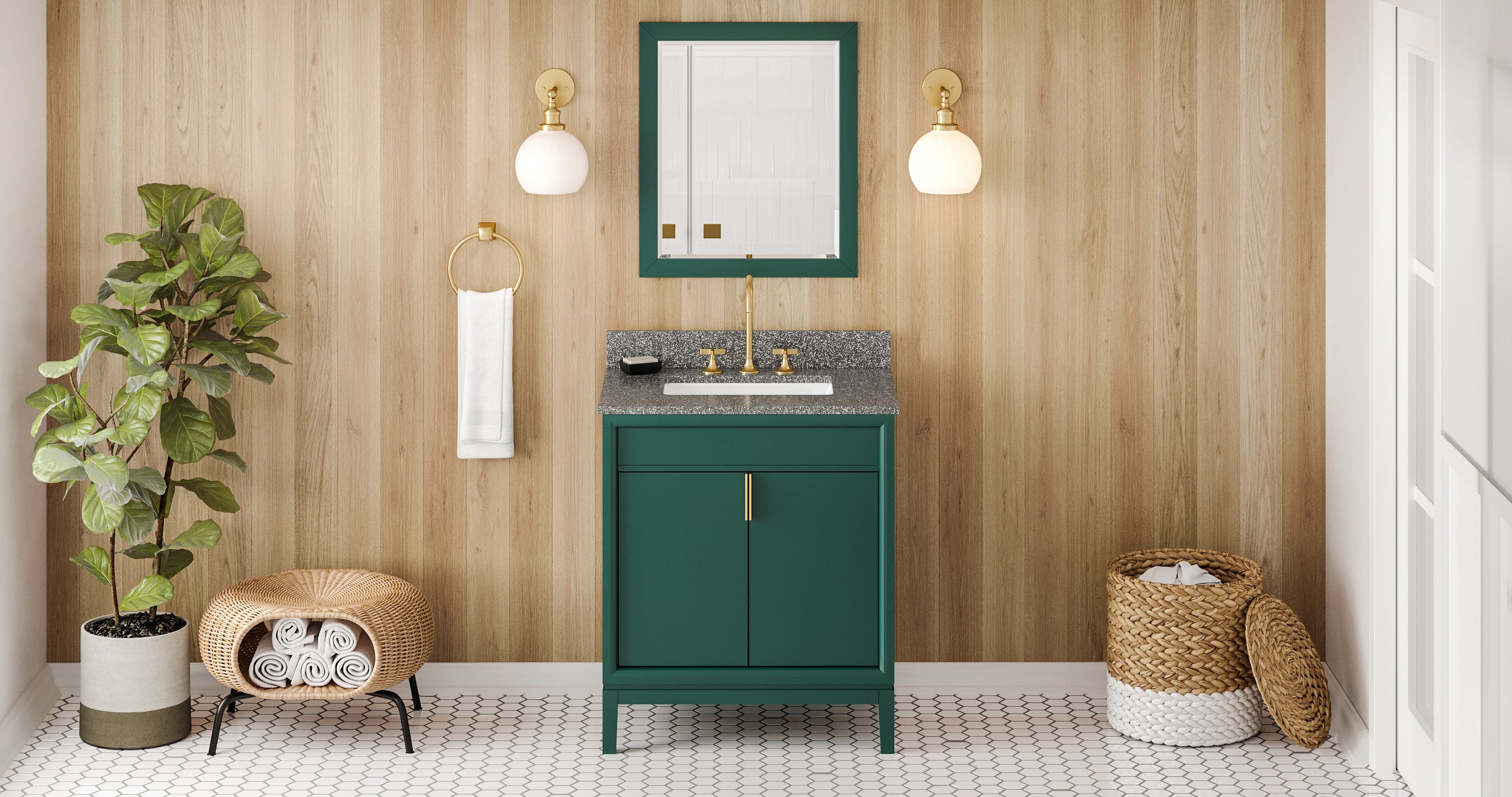 30" Forest Green Theodora Vanity, Boulder Cultured Marble Vanity Top, undermount rectangle bowl | KitchBath
