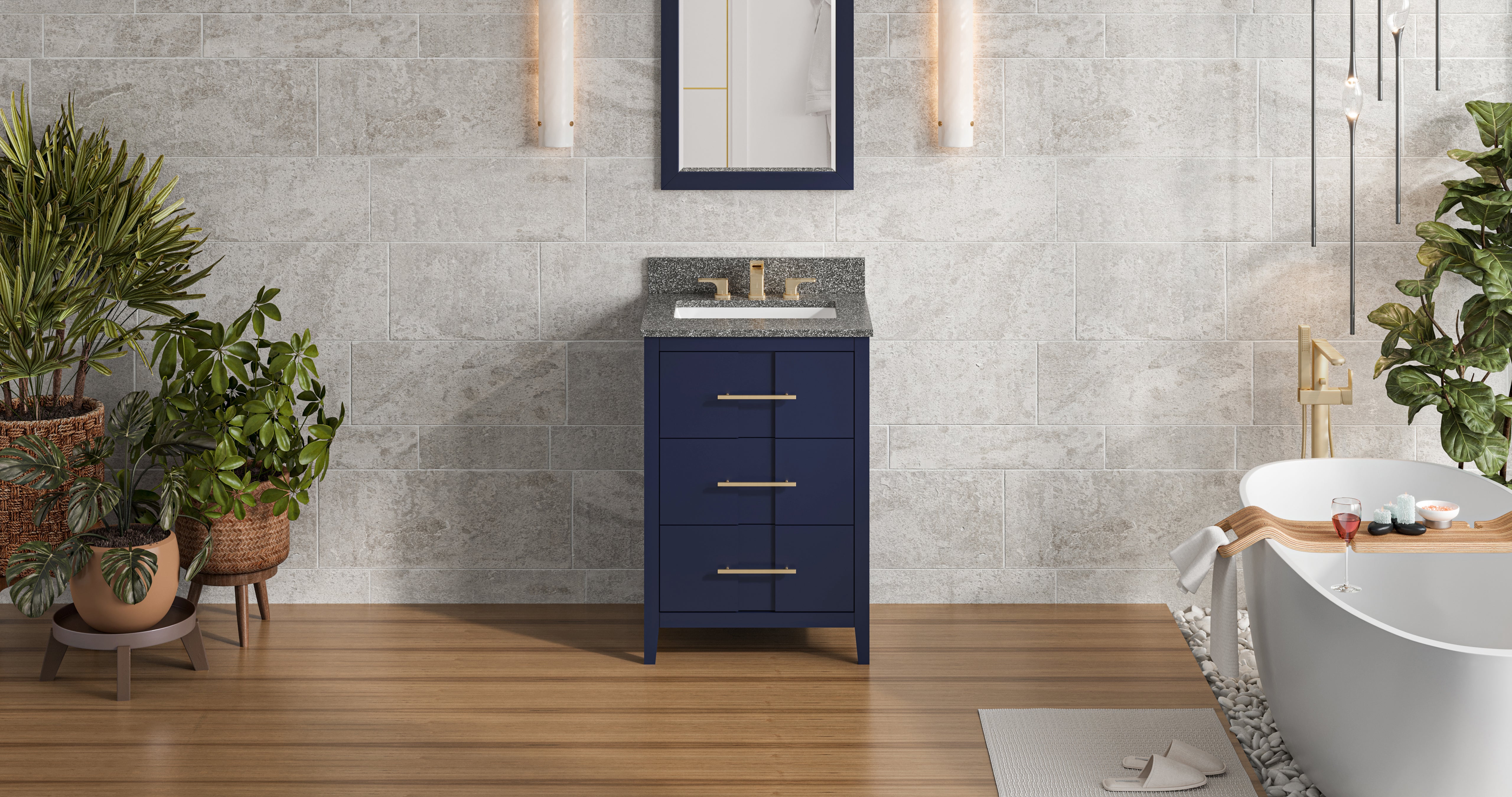 24" Hale Blue Katara Vanity, Boulder Cultured Marble Vanity Top, undermount rectangle bowl | KitchBath