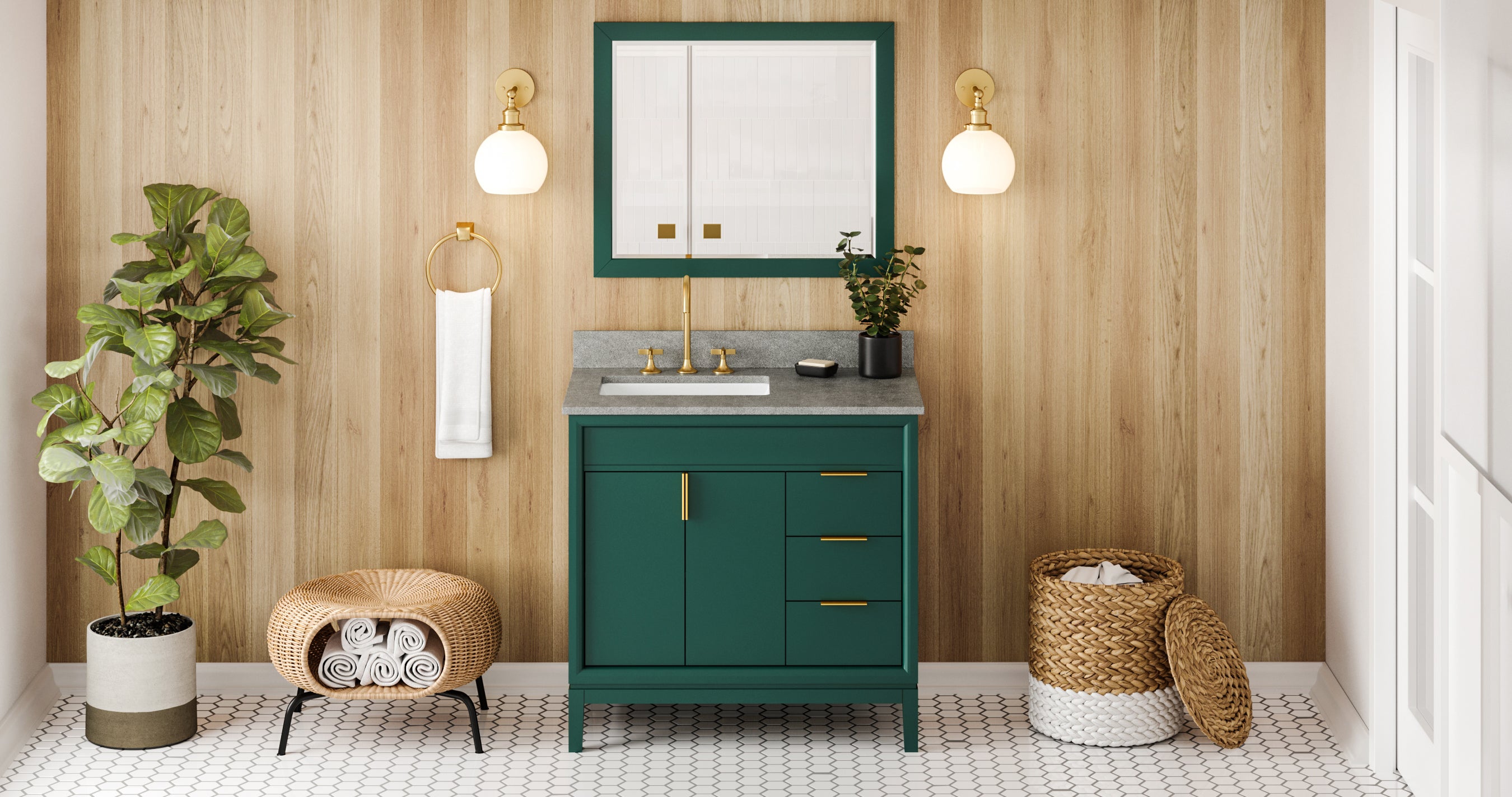 36" Forest Green Theodora Vanity, left offset, Steel Grey Cultured Marble Vanity Top, undermount rectangle bowl | KitchBath