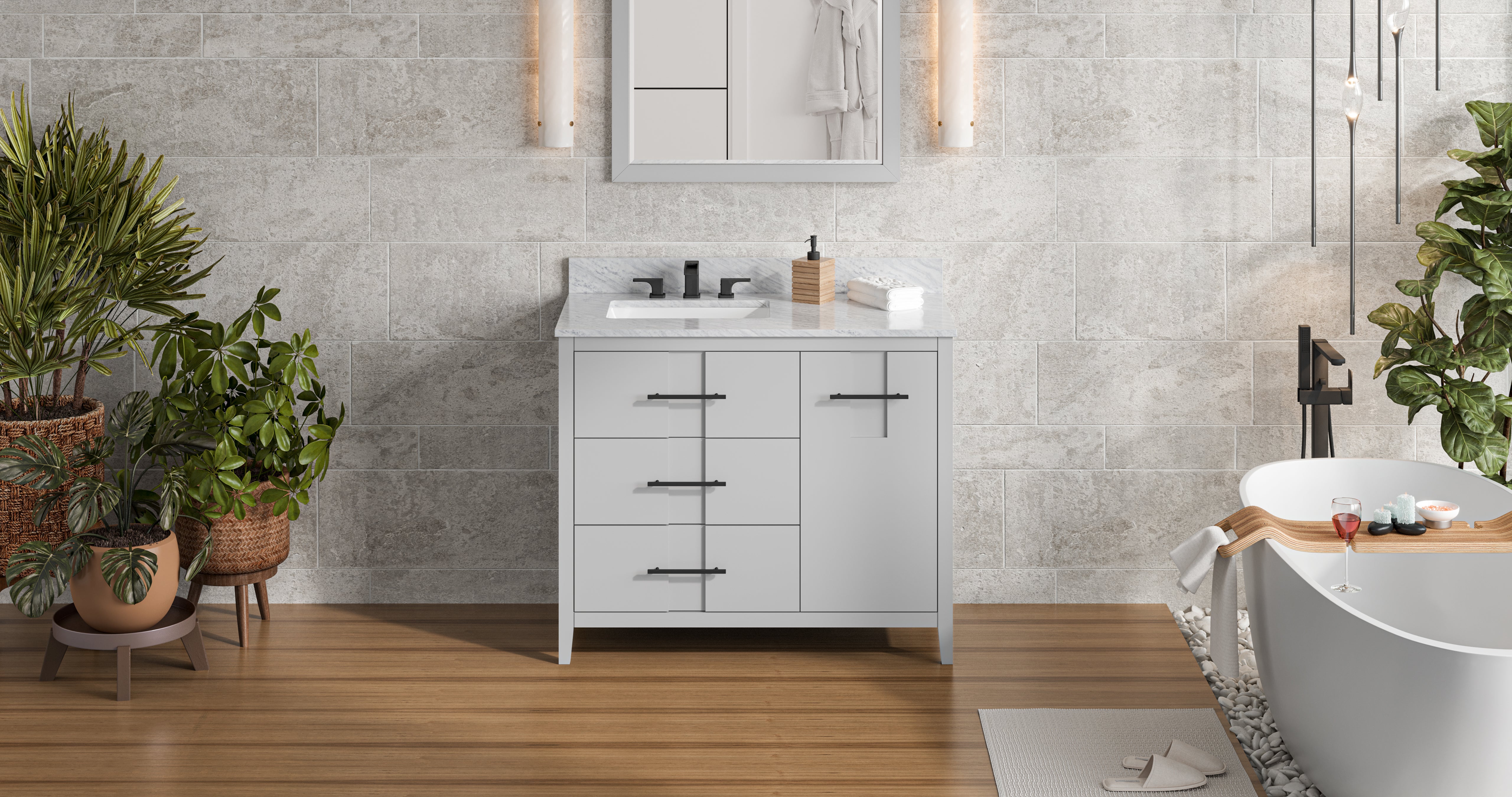 42" Grey Katara Vanity, left offset, White Carrara Marble Vanity Top, undermount rectangle bowl | KitchBath