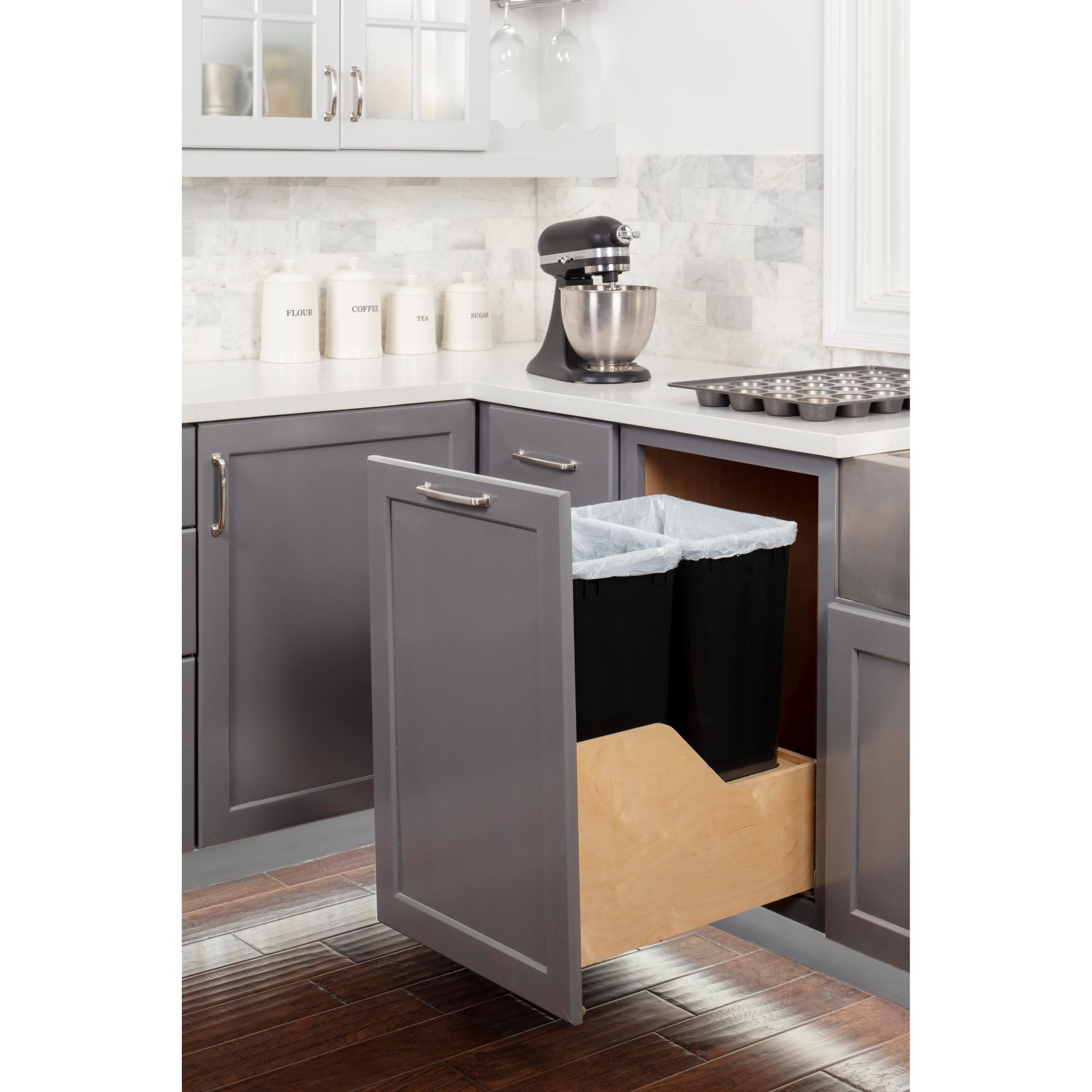 Double 50 Quart Wood Bottom-Mount Soft-close Trashcan Rollout for Door Mounting, Includes Two Black Cans | KitchBath