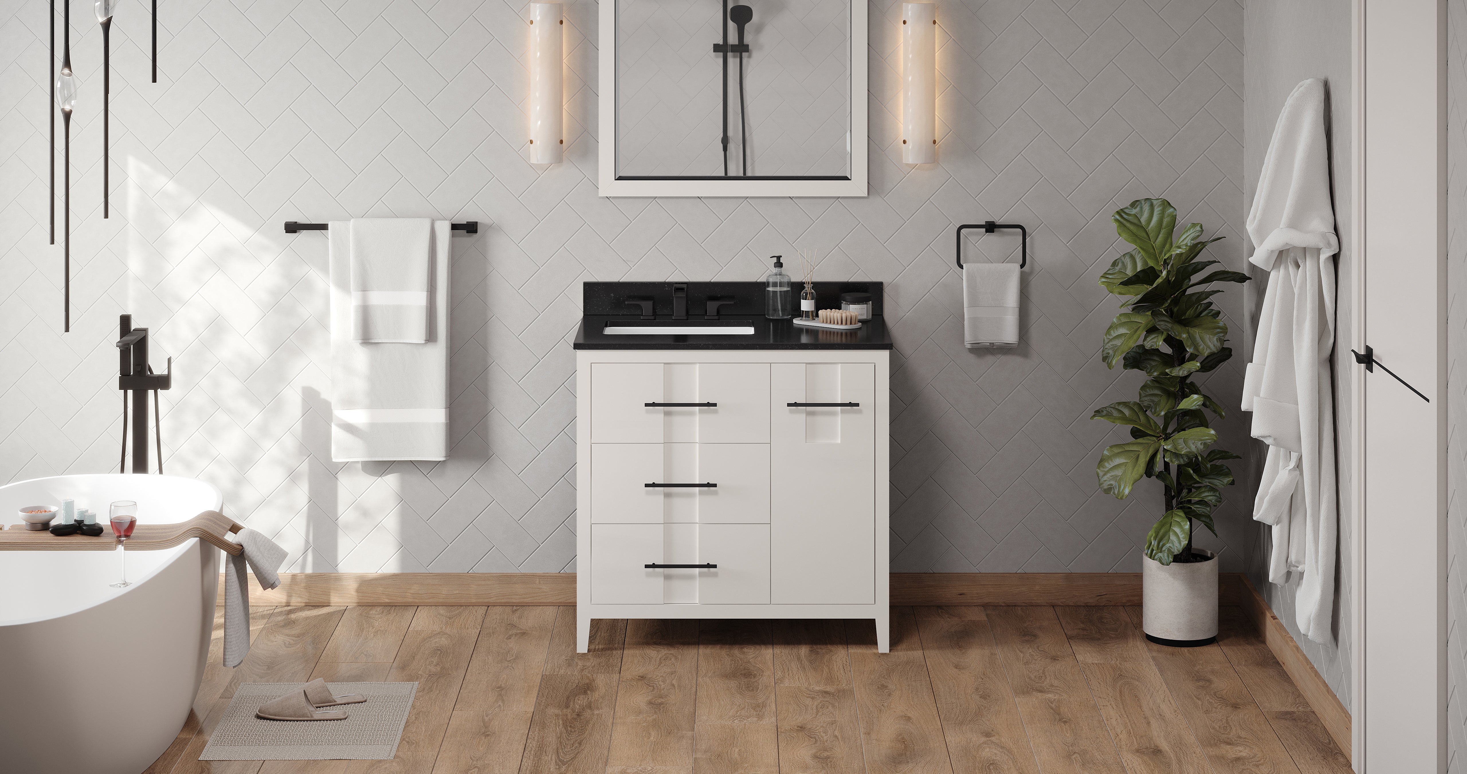 36" White Katara Vanity, left offset, Black Granite Vanity Top, undermount rectangle bowl | KitchBath