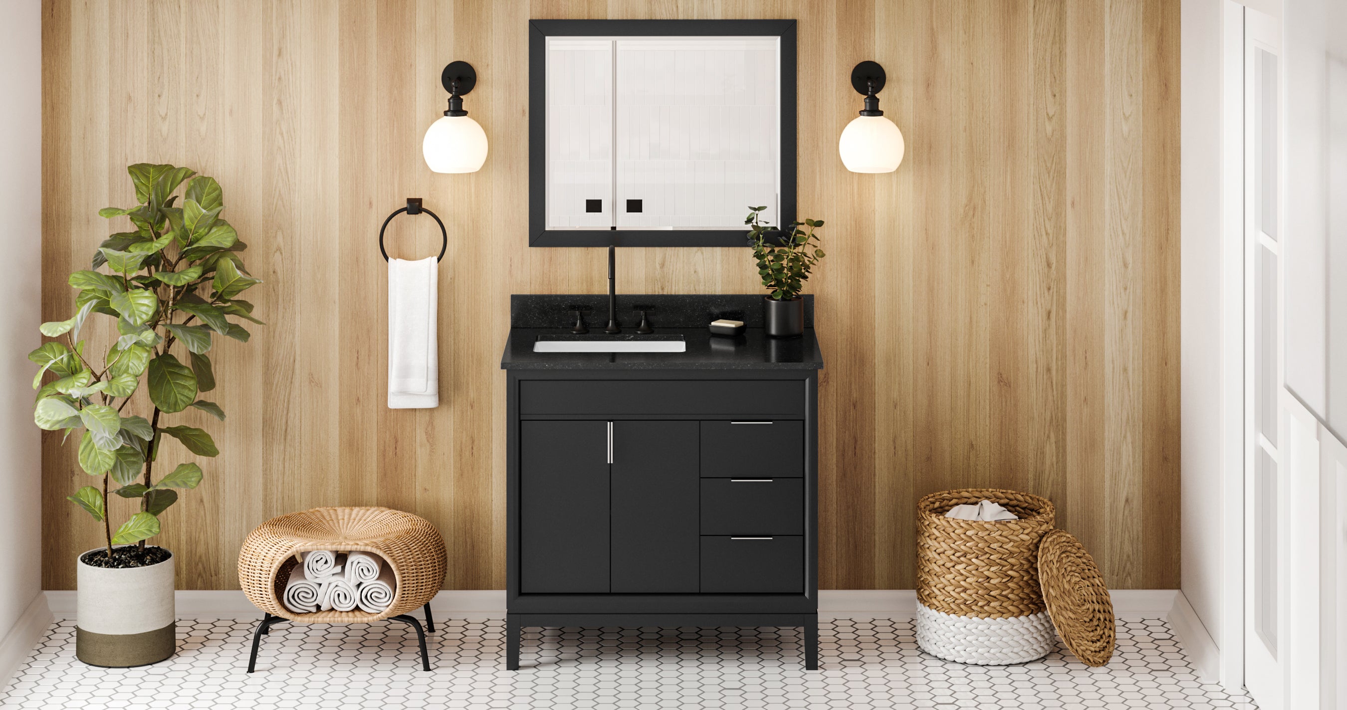 36" Black Theodora Vanity, left offset, Black Granite Vanity Top, undermount rectangle bowl | KitchBath