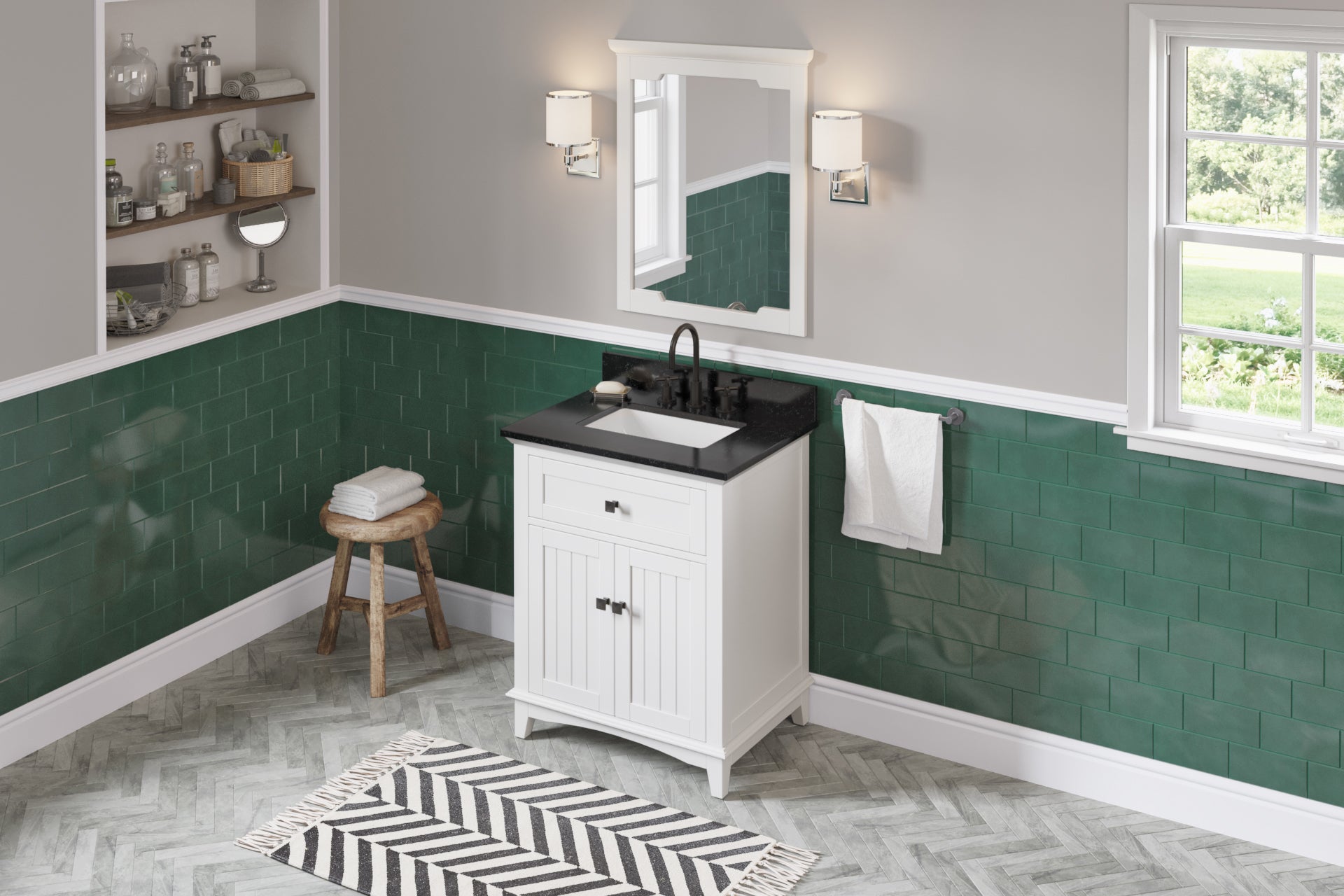 30" White Savino Vanity, Black Granite Vanity Top, undermount rectangle bowl