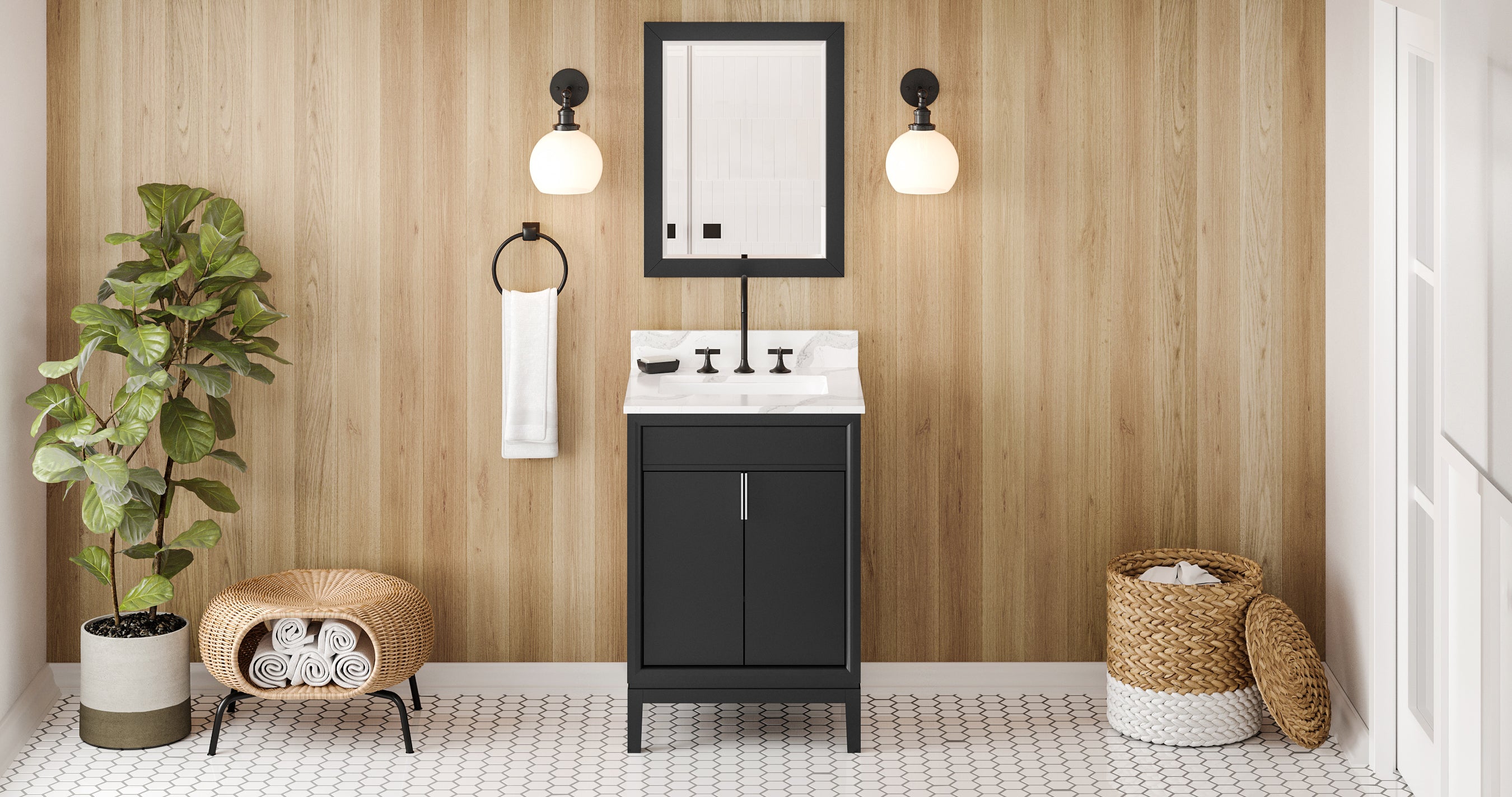 24" Black Theodora Vanity, Calacatta Vienna Quartz Vanity Top, undermount rectangle bowl | KitchBath