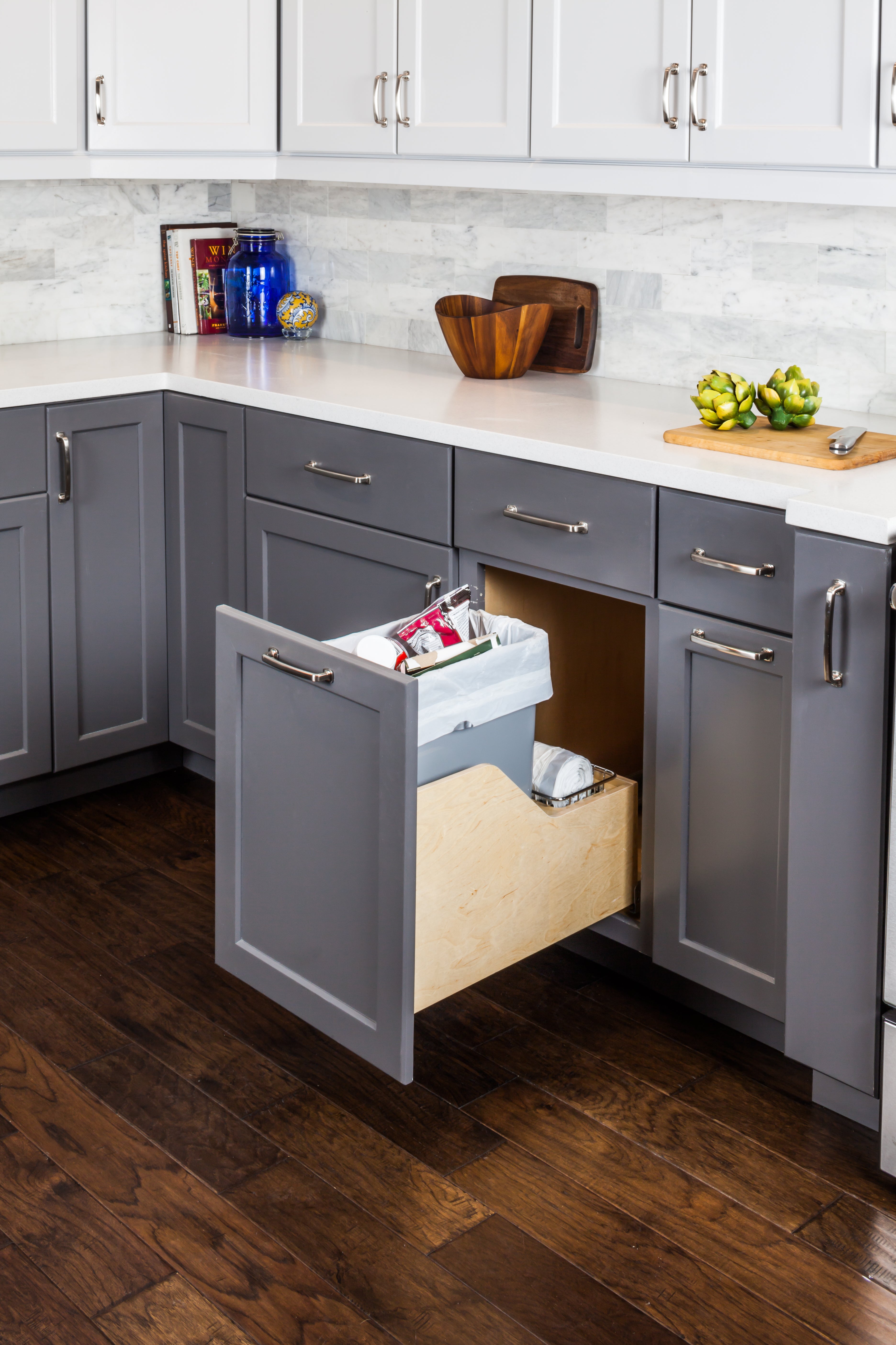 Single 35 Quart Bottom-Mount Soft-close Trashcan Rollout for Door Mounting, Includes Grey Can | KitchBath