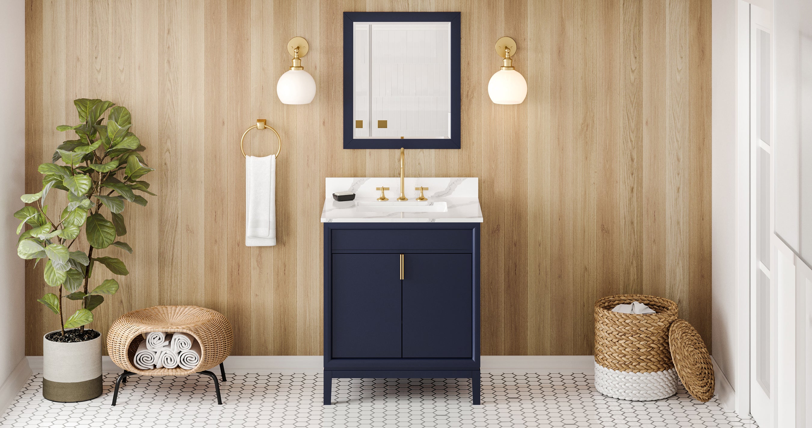 30" Hale Blue Theodora Vanity, Calacatta Vienna Quartz Vanity Top, undermount rectangle bowl | KitchBath