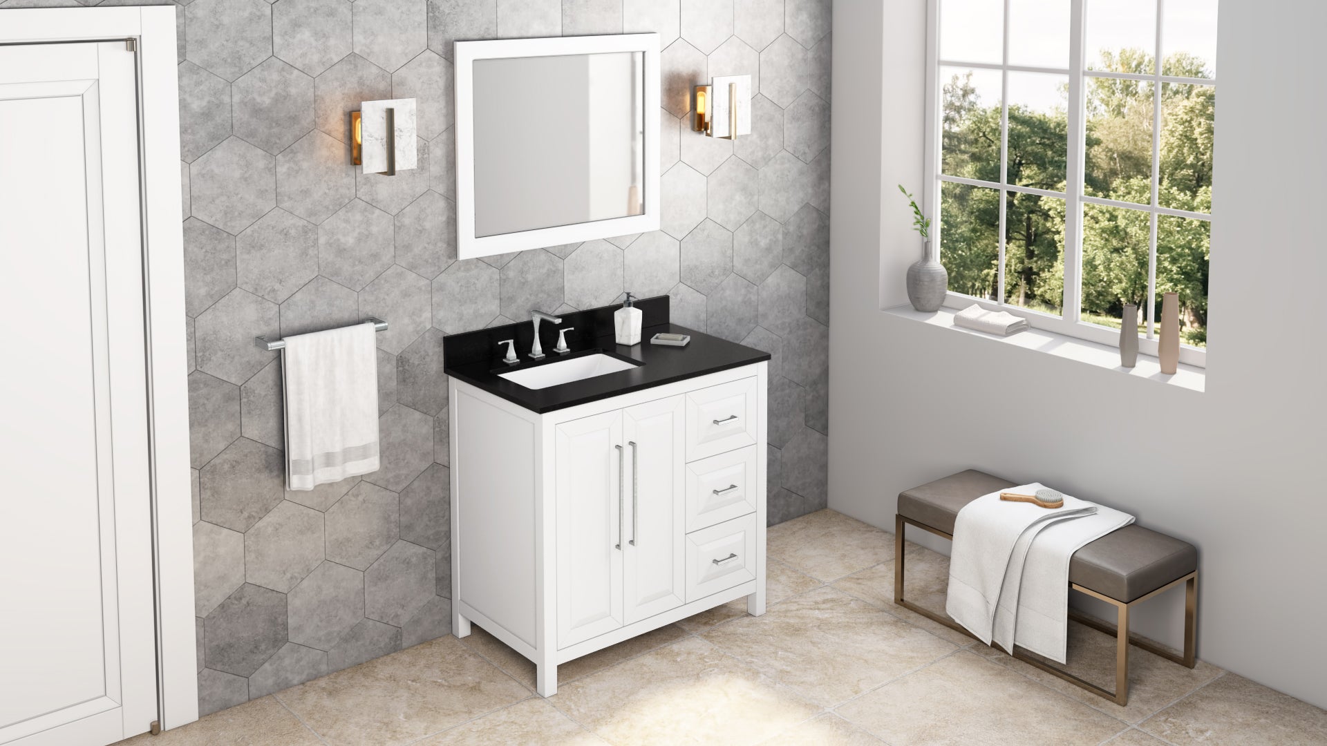 36" White Cade Vanity, left offset, Black Granite Vanity Top, undermount rectangle bowl