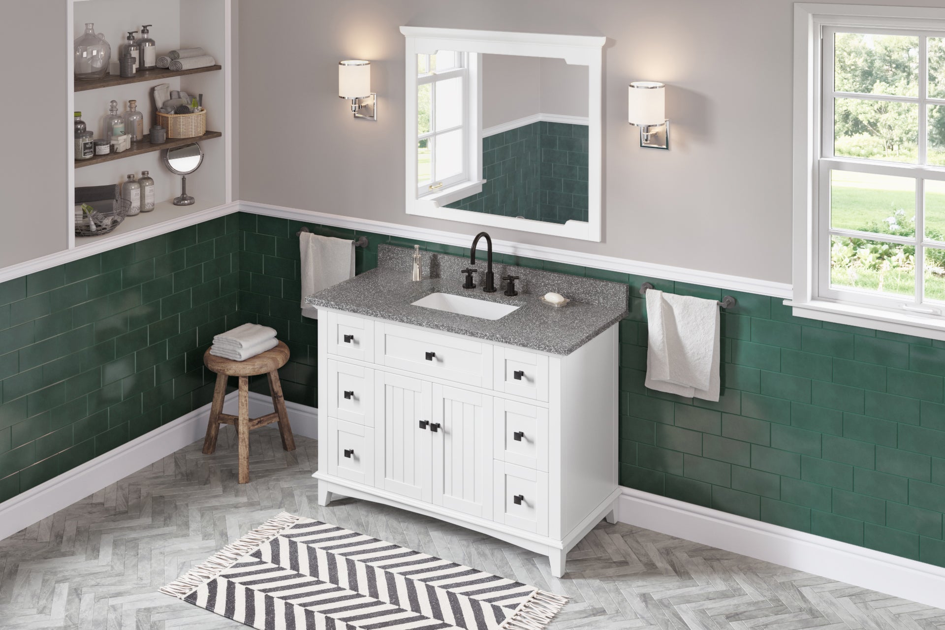 48" White Savino Vanity, Boulder Cultured Marble Vanity Top, undermount rectangle bowl