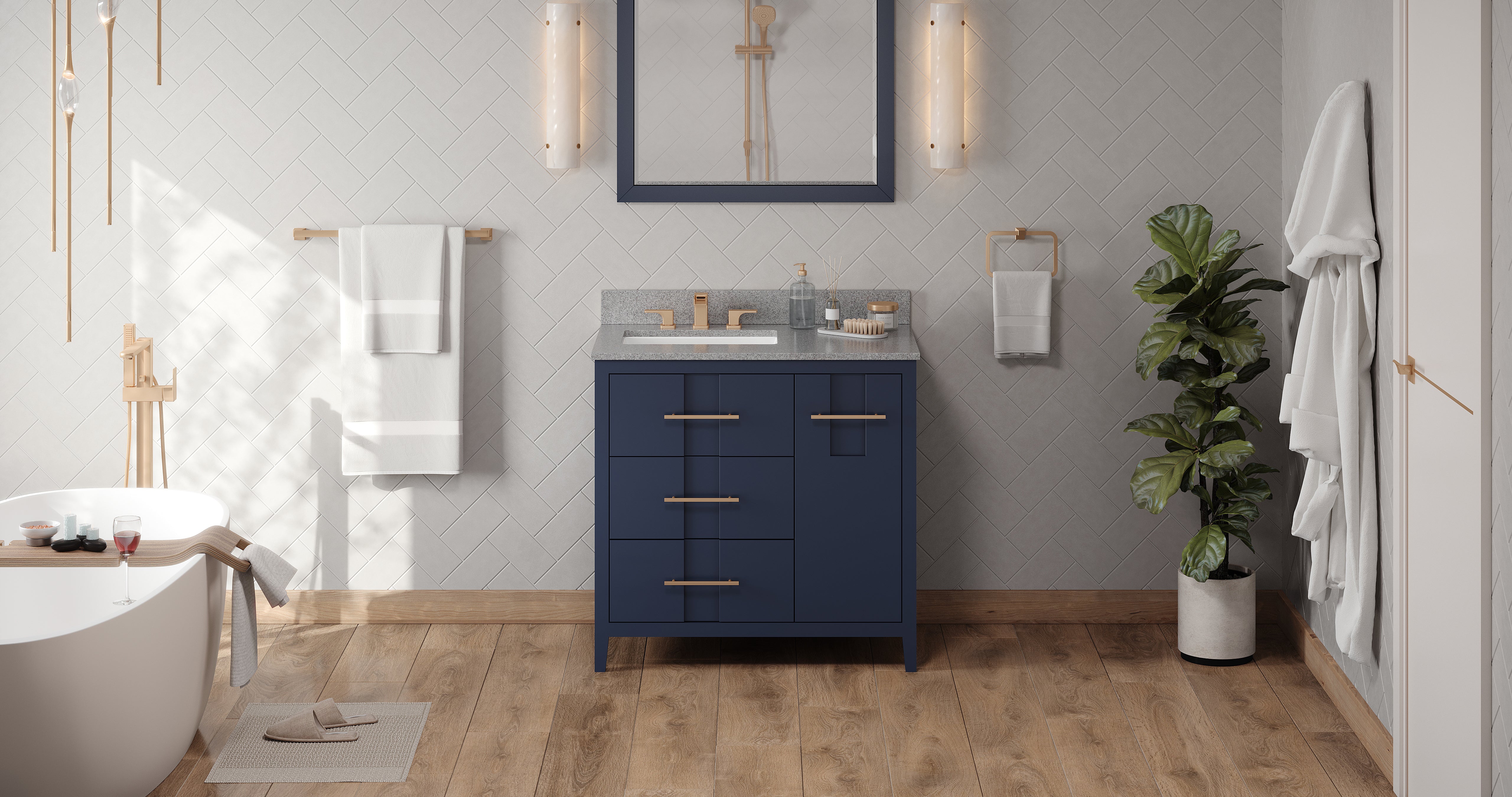 36" Hale Blue Katara Vanity, left offset, Steel Grey Cultured Marble Vanity Top, undermount rectangle bowl | KitchBath