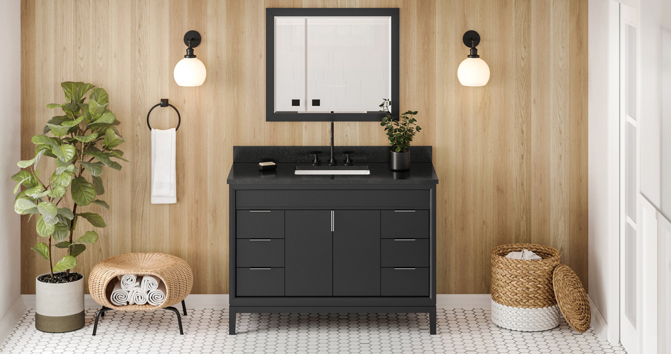 48" Black Theodora Vanity, Black Granite Vanity Top, undermount rectangle bowl | KitchBath