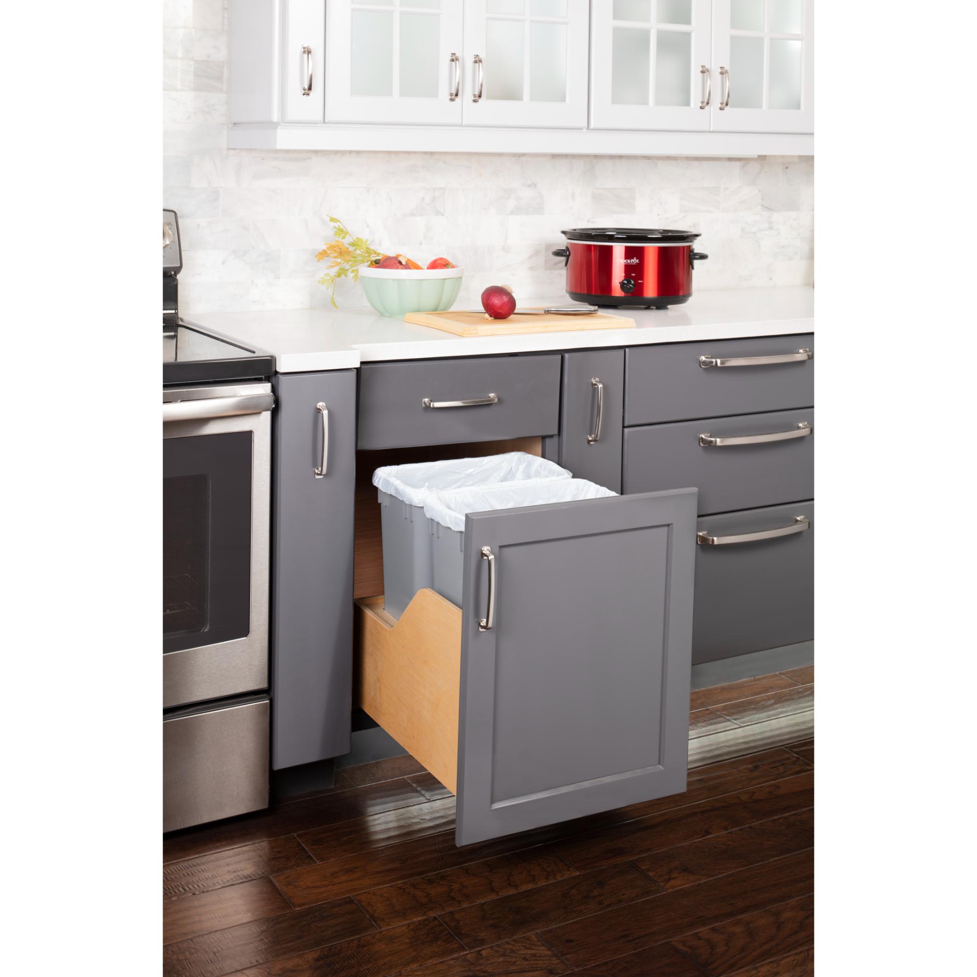 Double 35 Quart Wood Bottom-Mount Soft-close Trashcan Rollout for Door Mounting, Includes Two Grey Cans | KitchBath