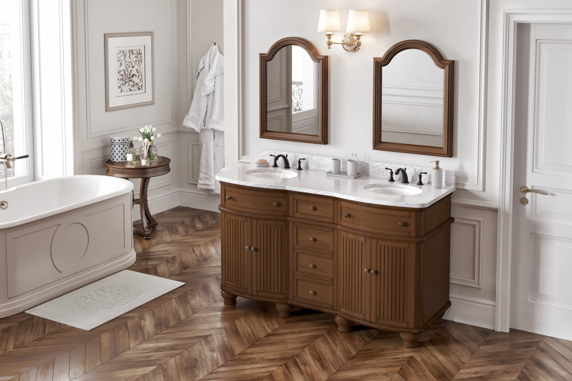 60" Walnut Compton Vanity, double bowl | KitchBath