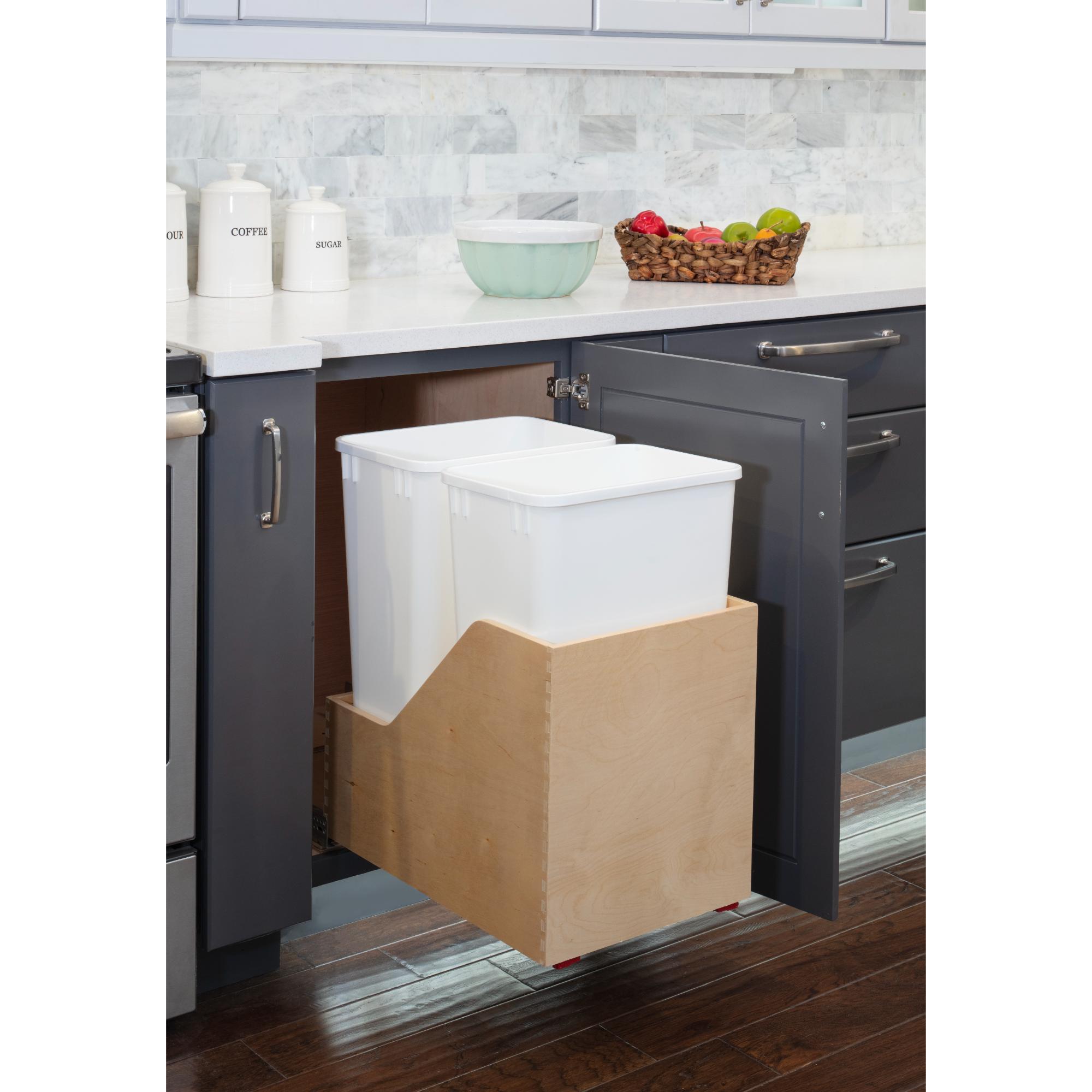 Double 50 Quart Wood Bottom-Mount Soft-close Trashcan Rollout for Hinged Doors, Includes Two White Cans | KitchBath