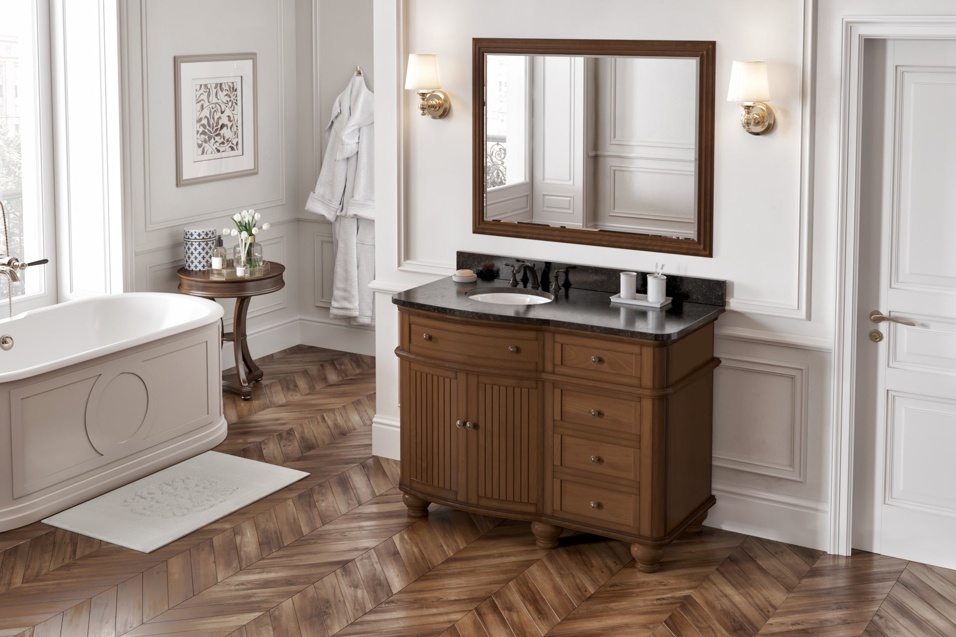 48" Walnut Compton Vanity, Compton-only Black Granite Vanity Top, undermount oval bowl
