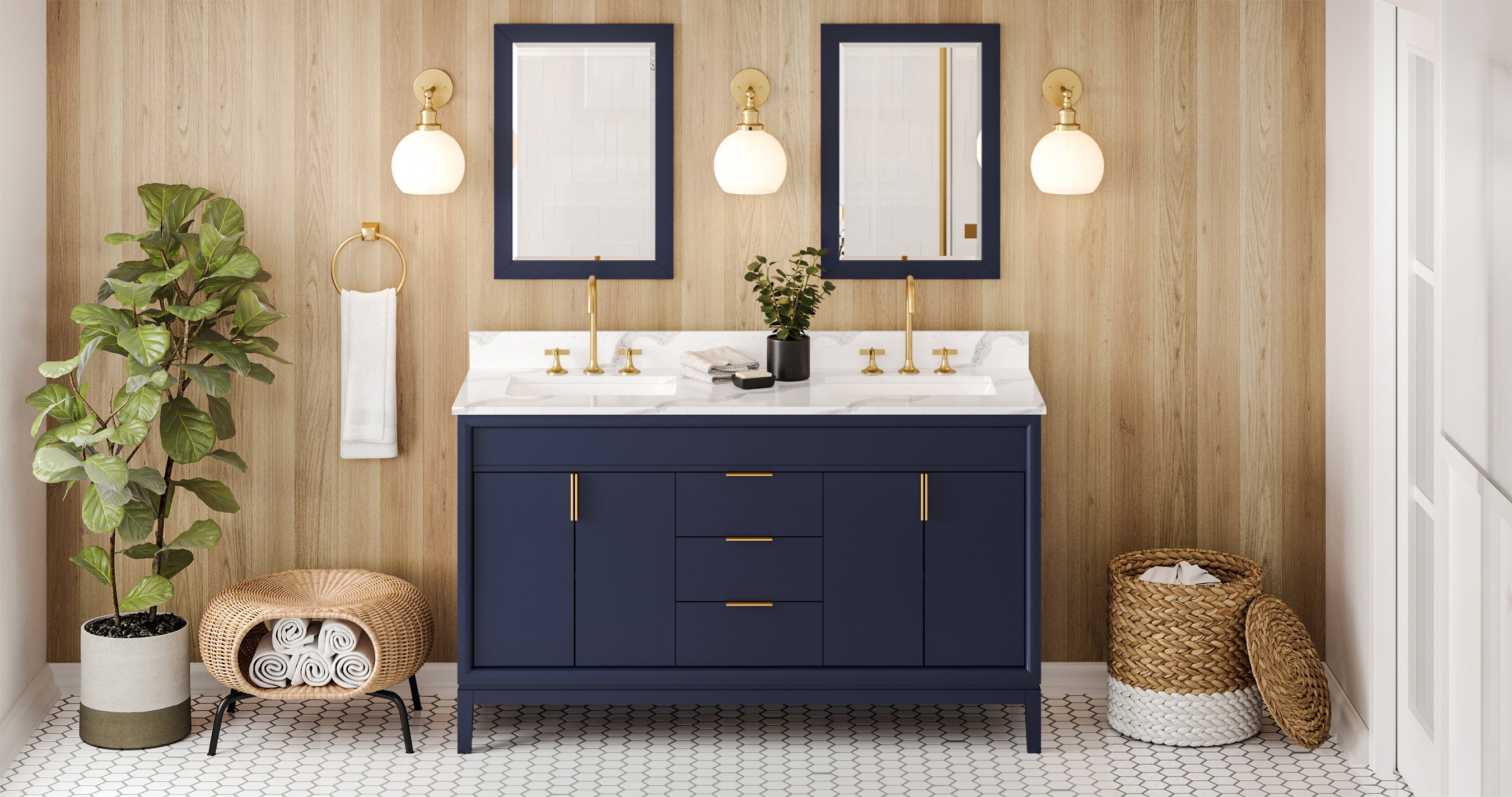 60" Hale Blue Theodora Vanity, double bowl, Calacatta Vienna Quartz Vanity Top, two undermount rectangle bowls | KitchBath