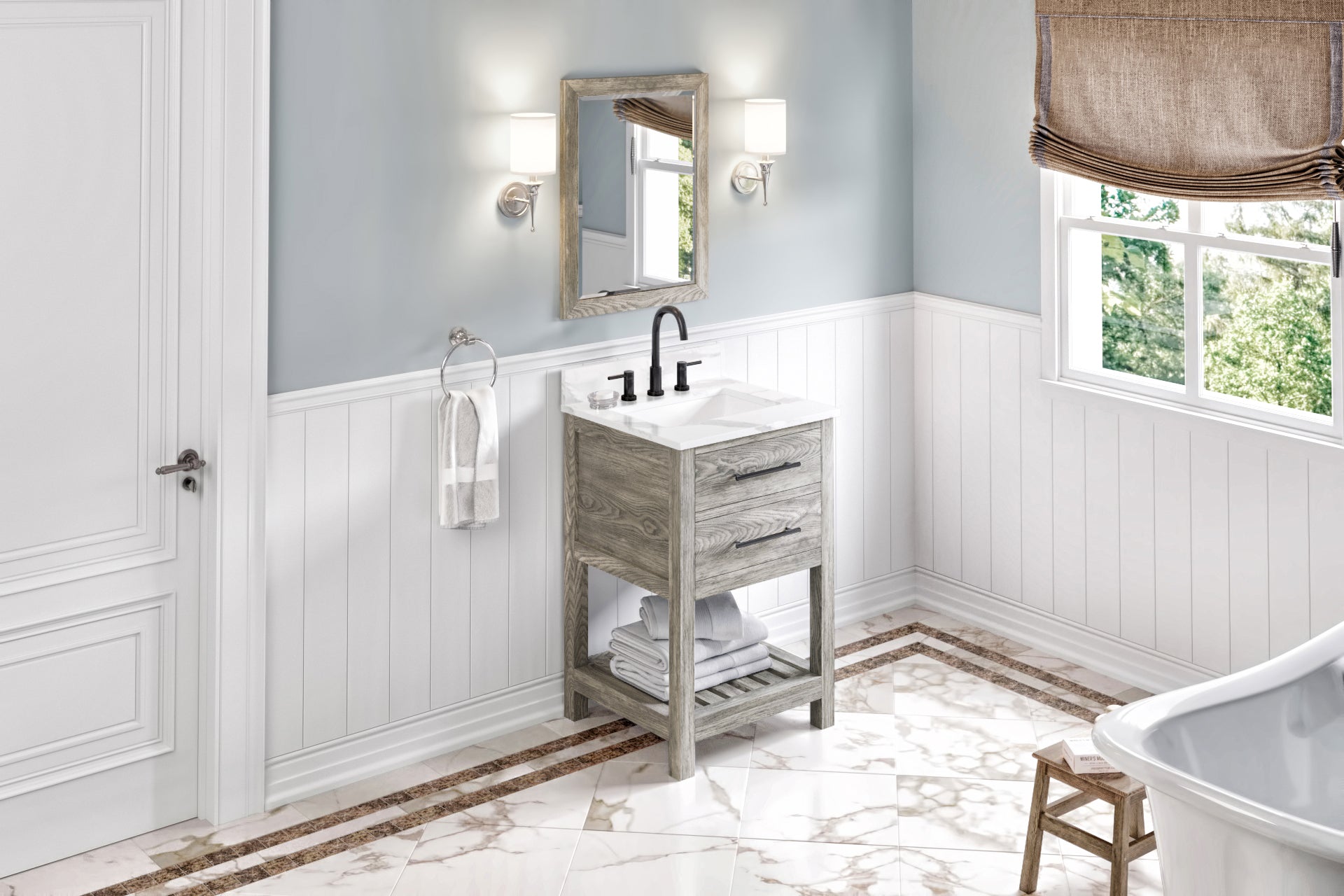 24" Weathered Grey Wavecrest Vanity, Calacatta Vienna Quartz Vanity Top, undermount rectangle bowl | KitchBath