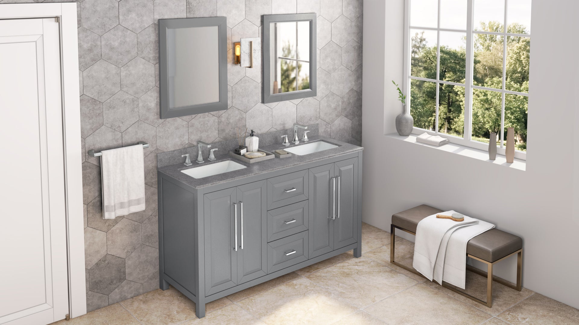 60" Grey Cade Vanity, double bowl, Steel Grey Cultured Marble Vanity Top, undermount rectangle bowl
