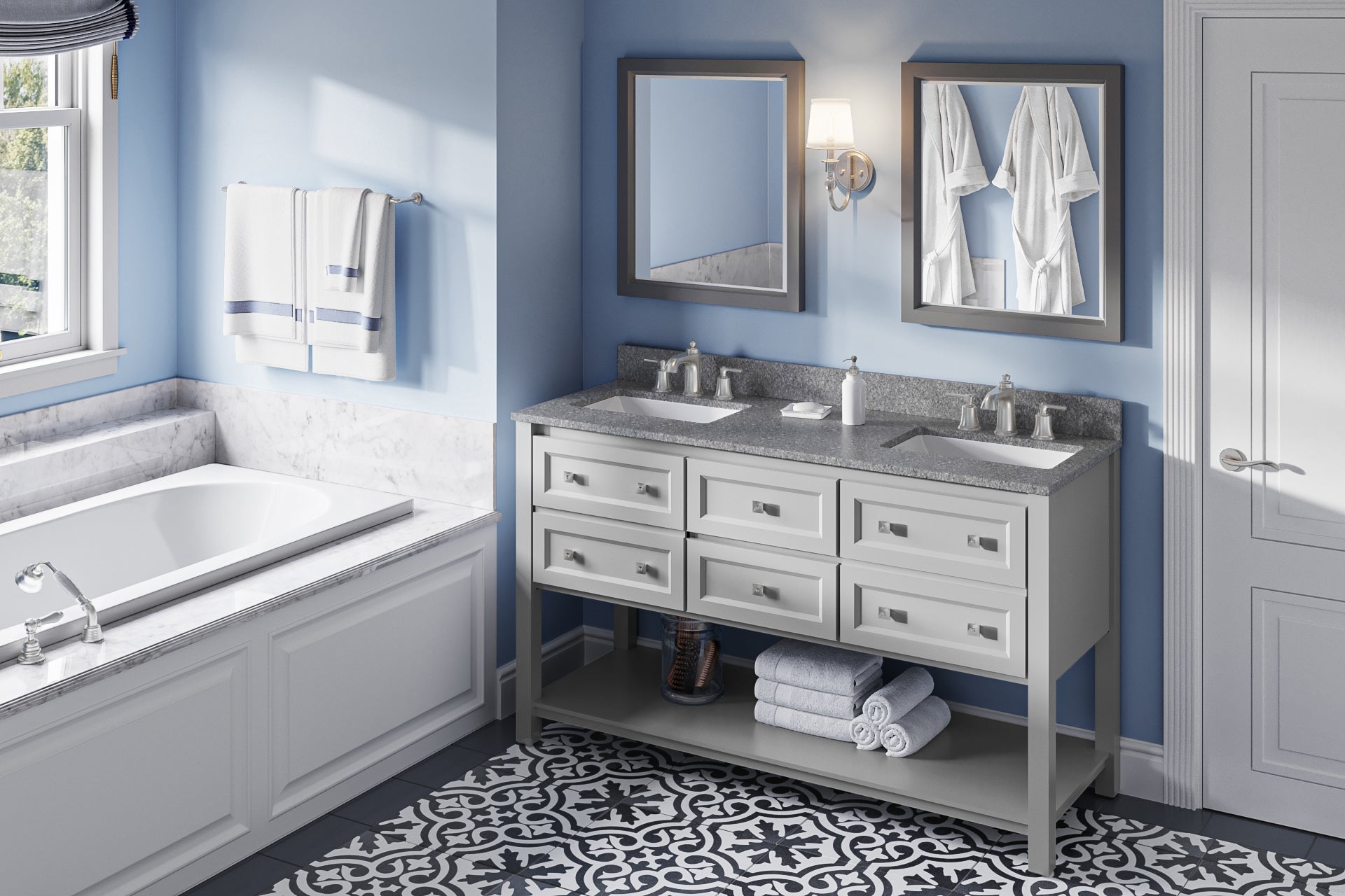 60" Grey Adler Vanity, double bowl, Boulder Cultured Marble Vanity Top, two undermount rectangle bowls