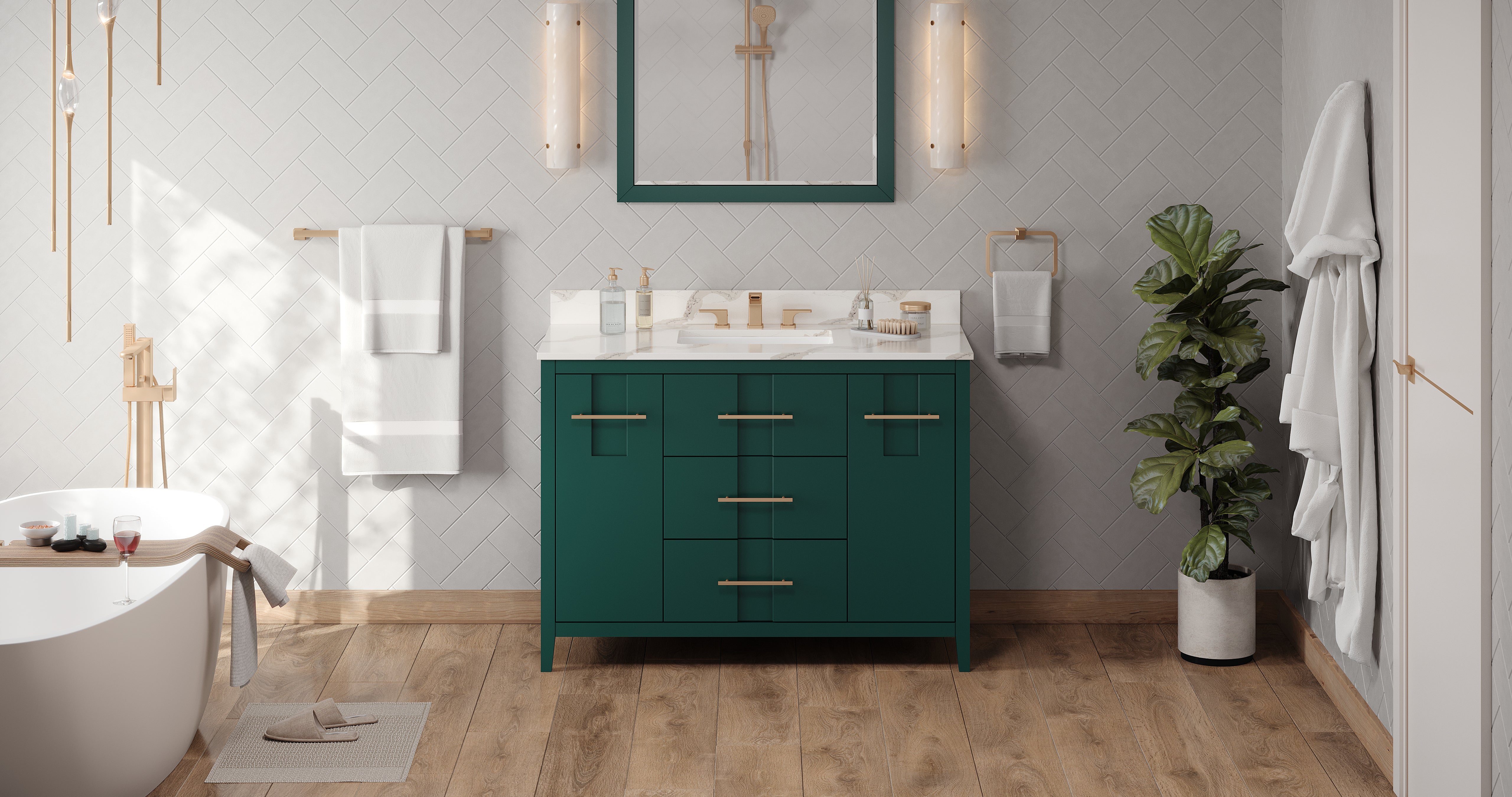 48" Forest Green Katara Vanity, Calacatta Vienna Quartz Vanity Top, undermount rectangle bowl | KitchBath