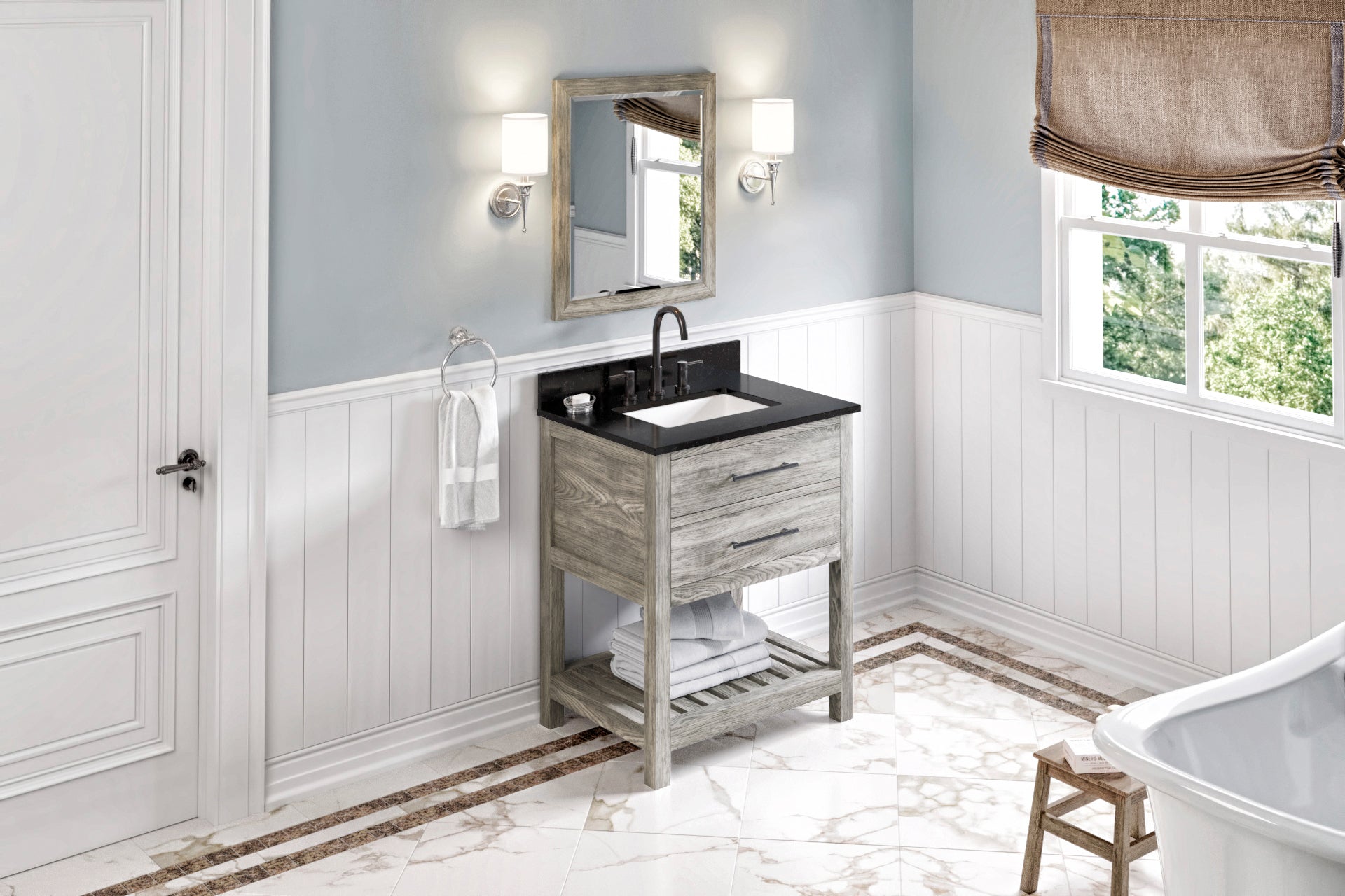 30" Weathered Grey Wavecrest Vanity, Black Granite Vanity Top, undermount rectangle bowl | KitchBath