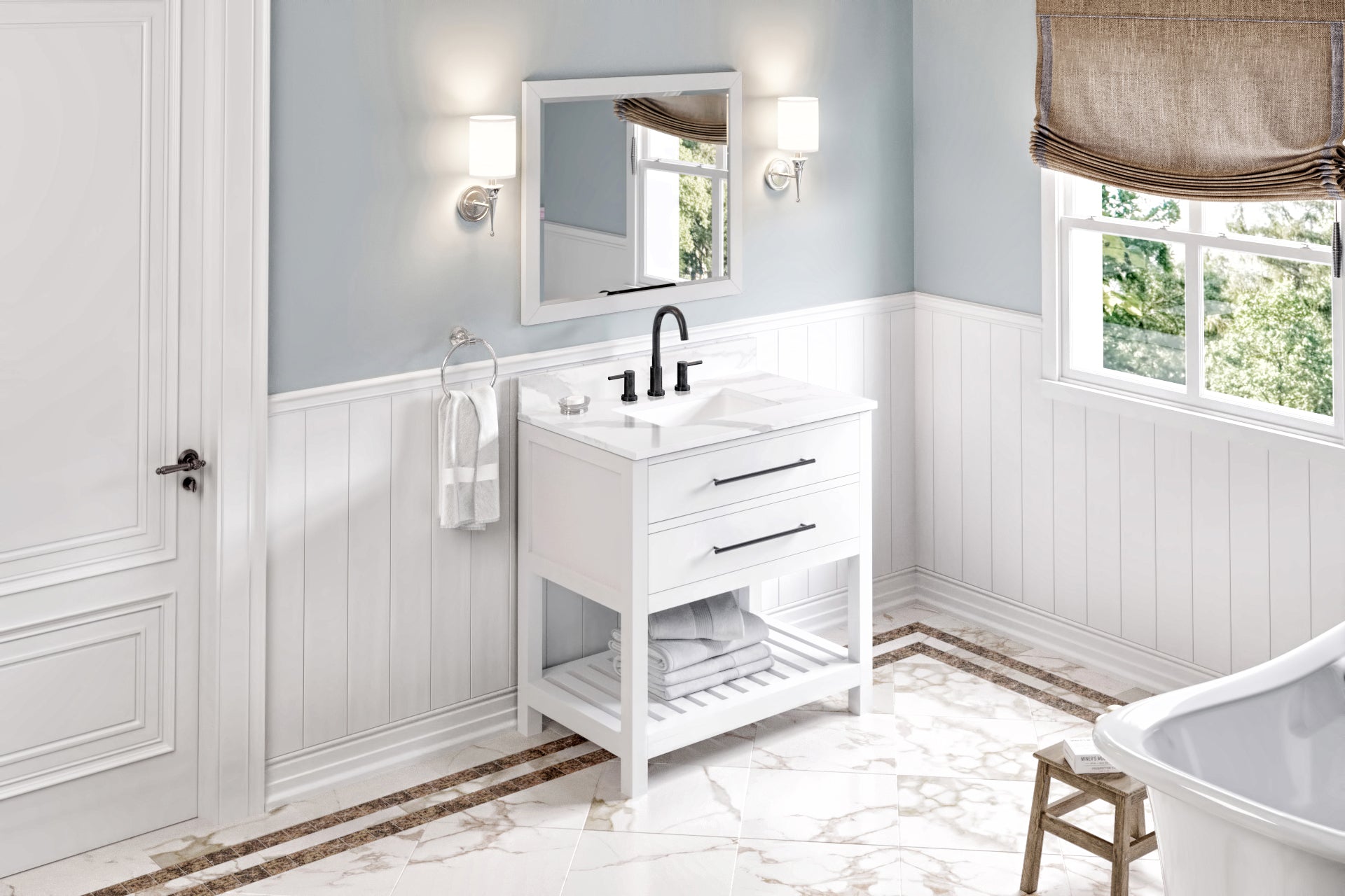 36" White Wavecrest Vanity, Calacatta Vienna Quartz Vanity Top, undermount rectangle bowl