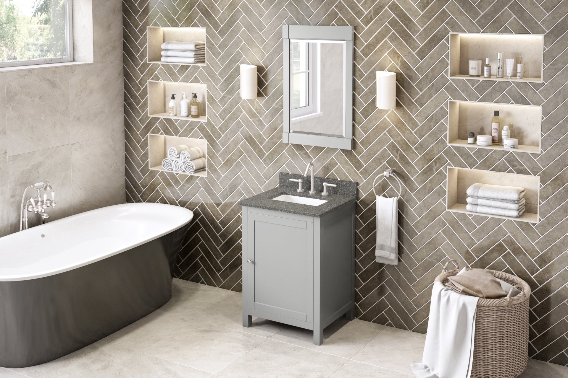 24" Grey Astoria Vanity, Boulder Cultured Marble Vanity Top, undermount rectangle bowl