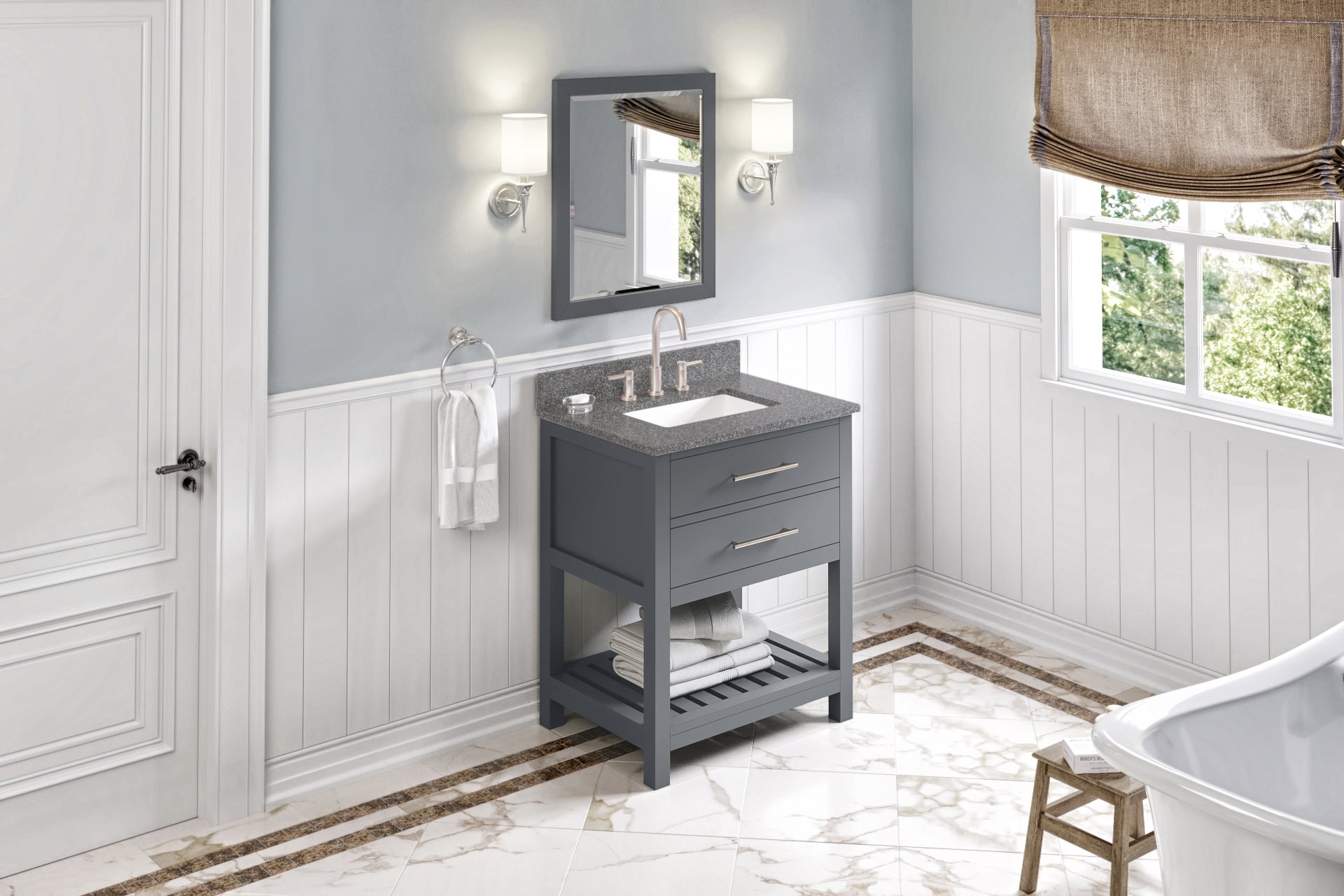 30" Grey Wavecrest Vanity, Boulder Cultured Marble Vanity Top, undermount rectangle bowl