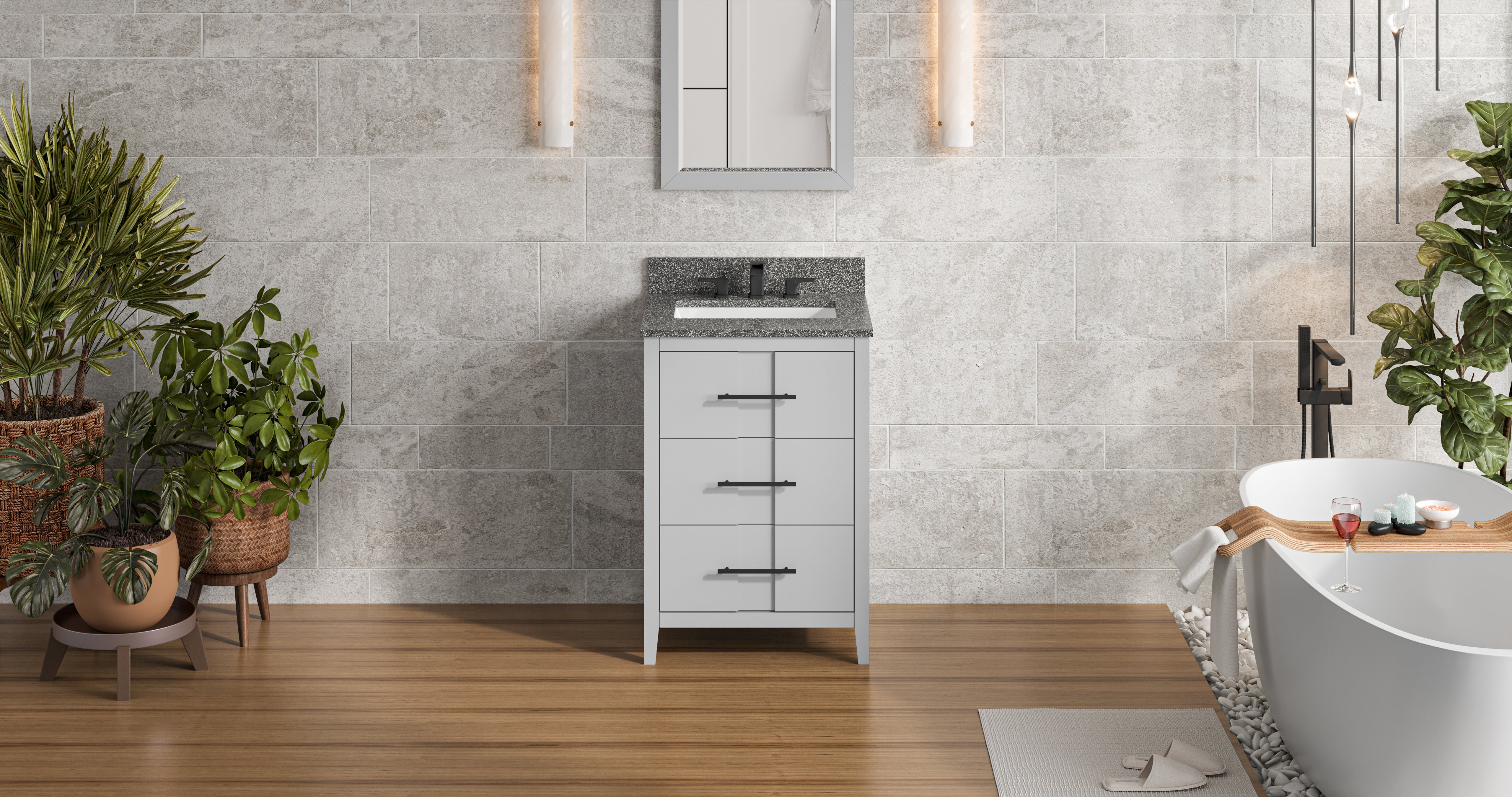 24" Grey Katara Vanity, Boulder Cultured Marble Vanity Top, undermount rectangle bowl | KitchBath