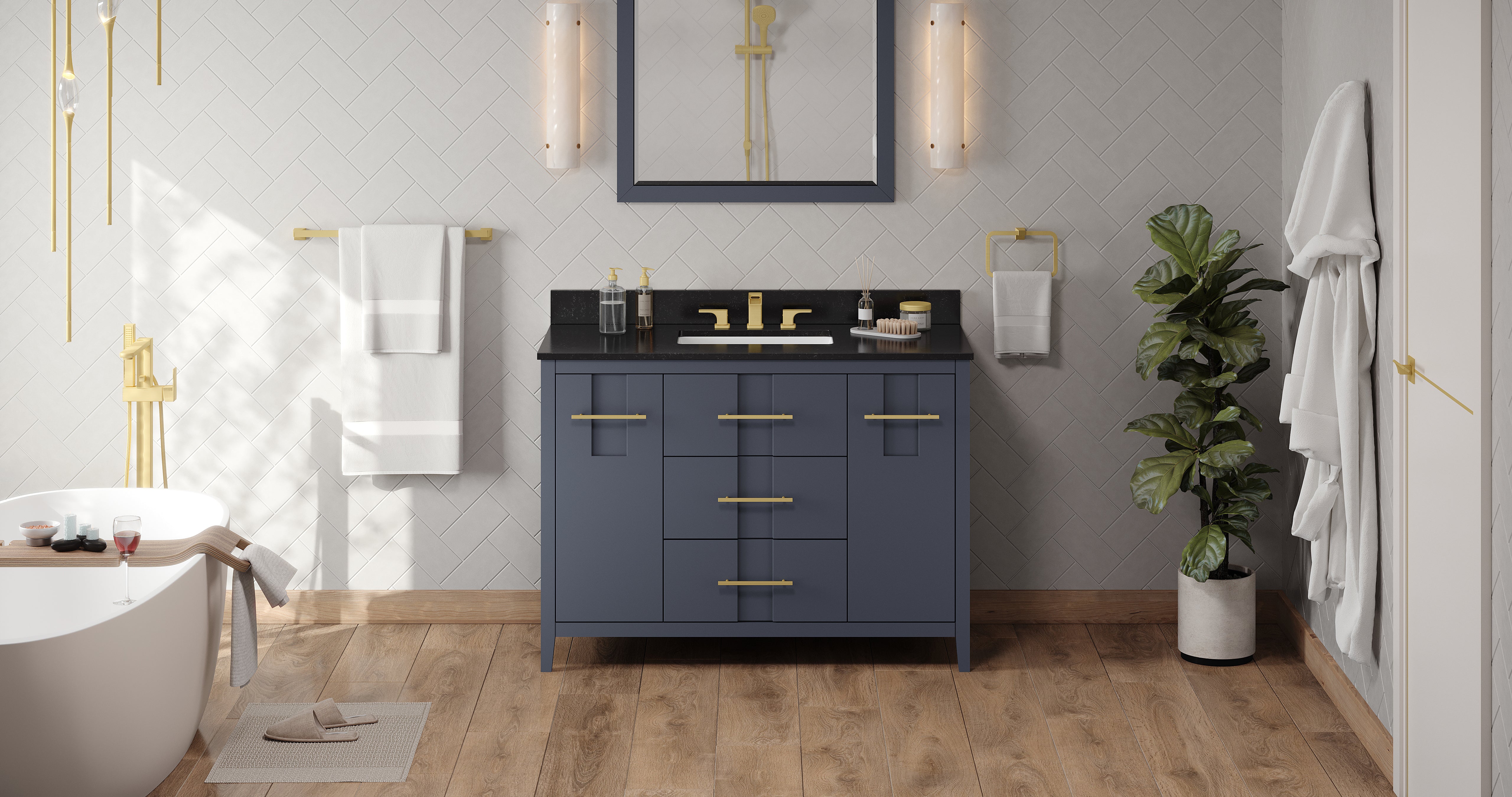 48" Blue Steel Katara Vanity, Black Granite Vanity Top, undermount rectangle bowl | KitchBath