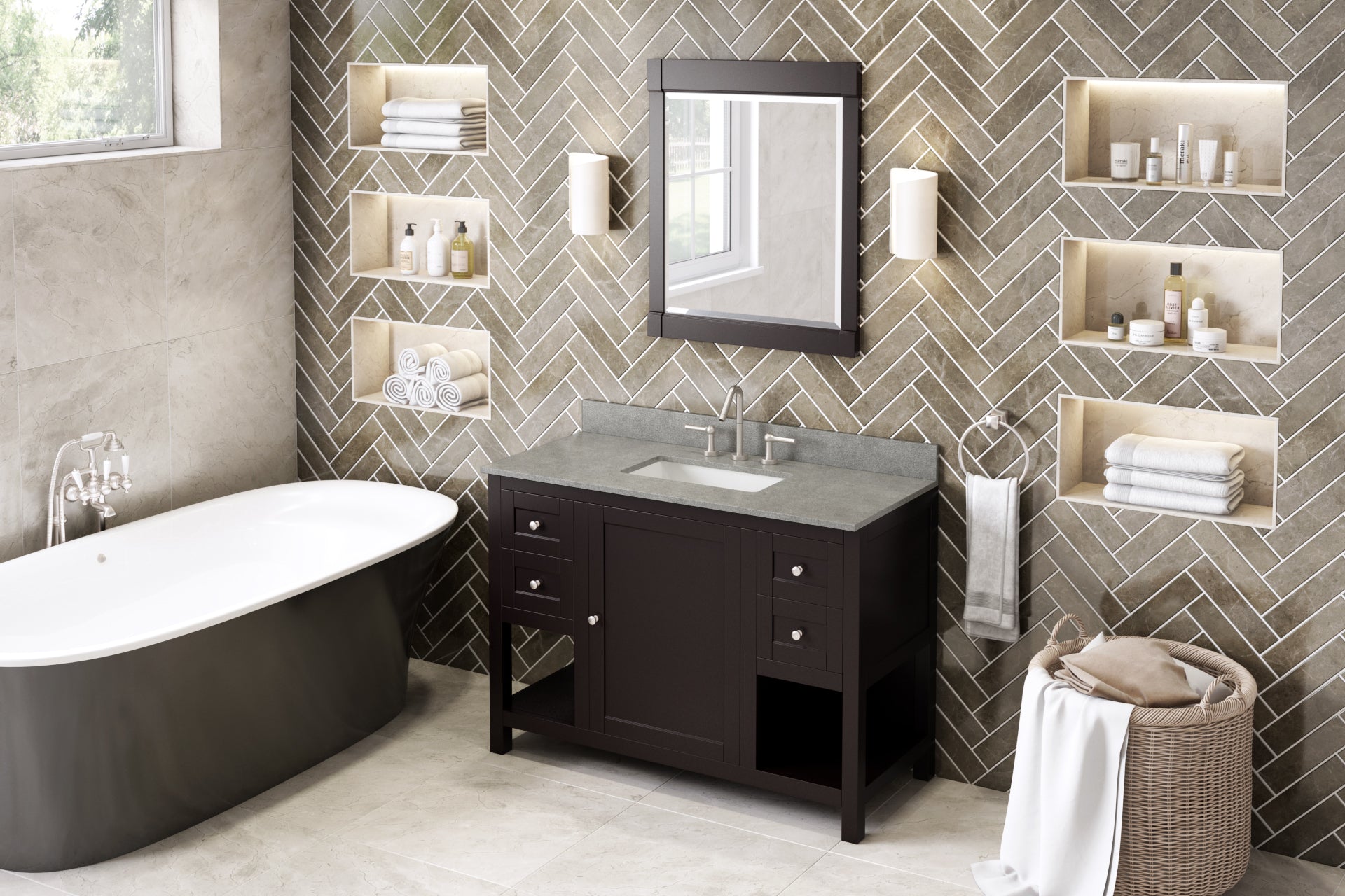 48" Espresso Astoria Vanity, Steel Grey Cultured Marble Vanity Top, undermount rectangle bowl