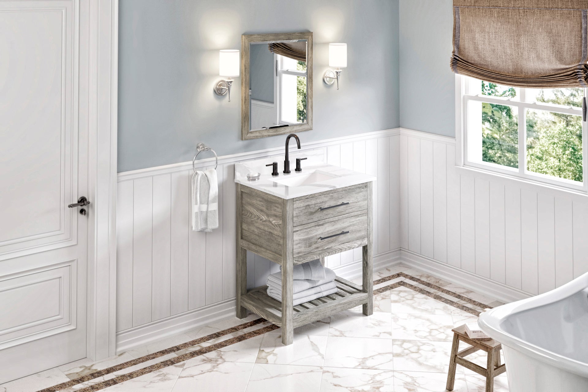 30" Weathered Grey Wavecrest Vanity, Calacatta Vienna Quartz Vanity Top, undermount rectangle bowl | KitchBath