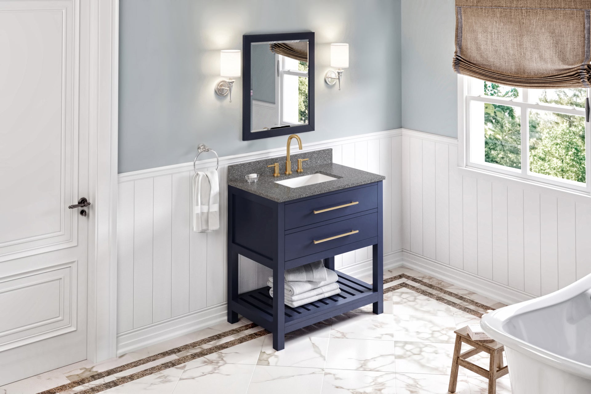 36" Hale Blue Wavecrest Vanity, Boulder Cultured Marble Vanity Top, undermount rectangle bowl