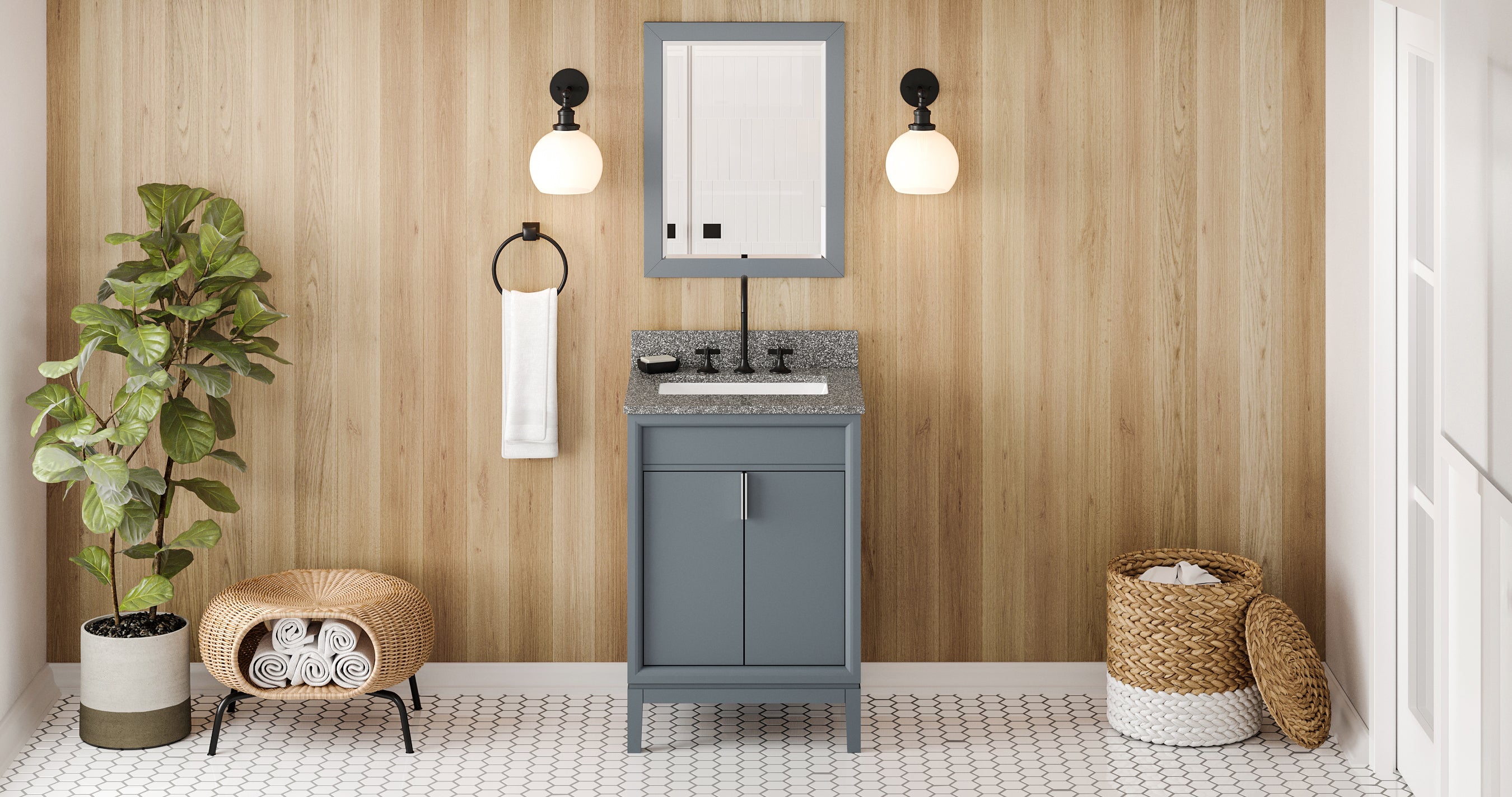 24" Blue Steel Theodora Vanity, Boulder Cultured Marble Vanity Top, undermount rectangle bowl | KitchBath