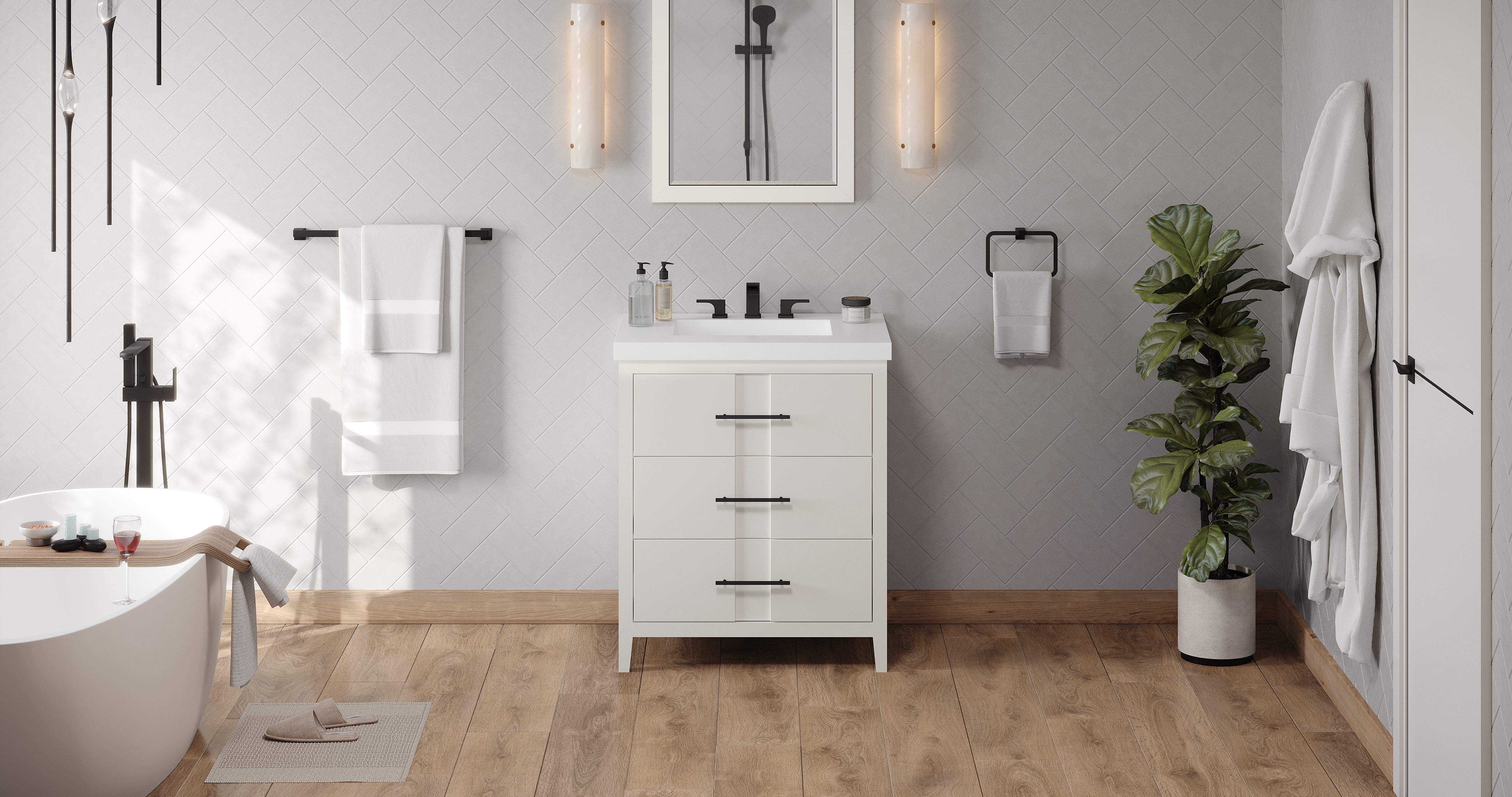 30" White Katara Vanity, Lavante Cultured Marble Vessel Vanity Top, integrated rectangle bowl | KitchBath