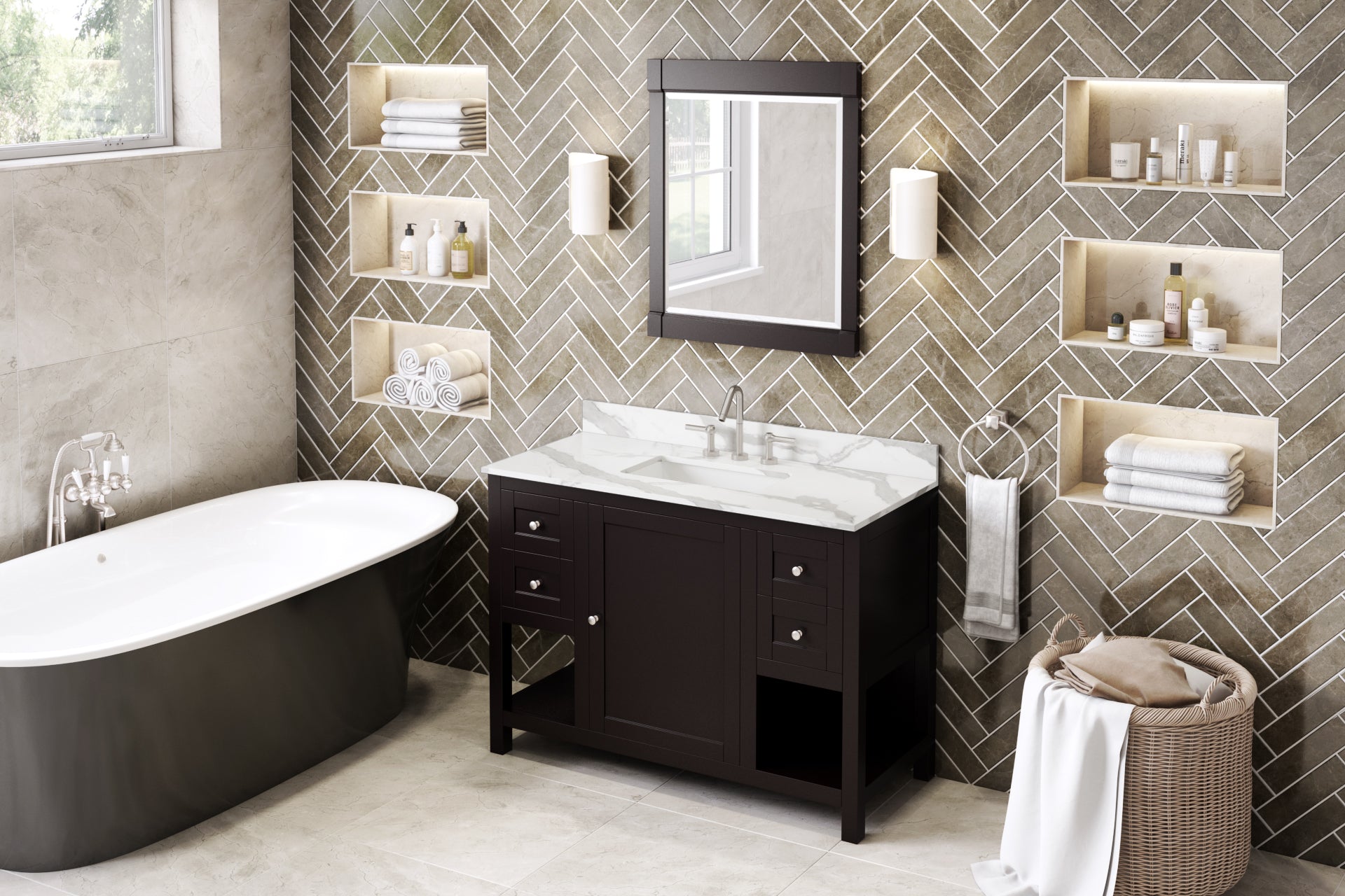 48" Espresso Astoria Vanity, Calacatta Vienna Quartz Vanity Top, undermount rectangle bowl