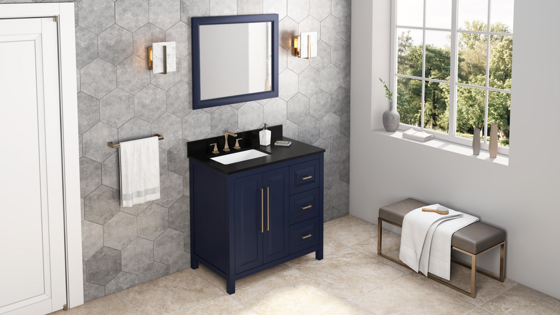 36" Hale Blue Cade Vanity, left offset, Black Granite Vanity Top, undermount rectangle bowl