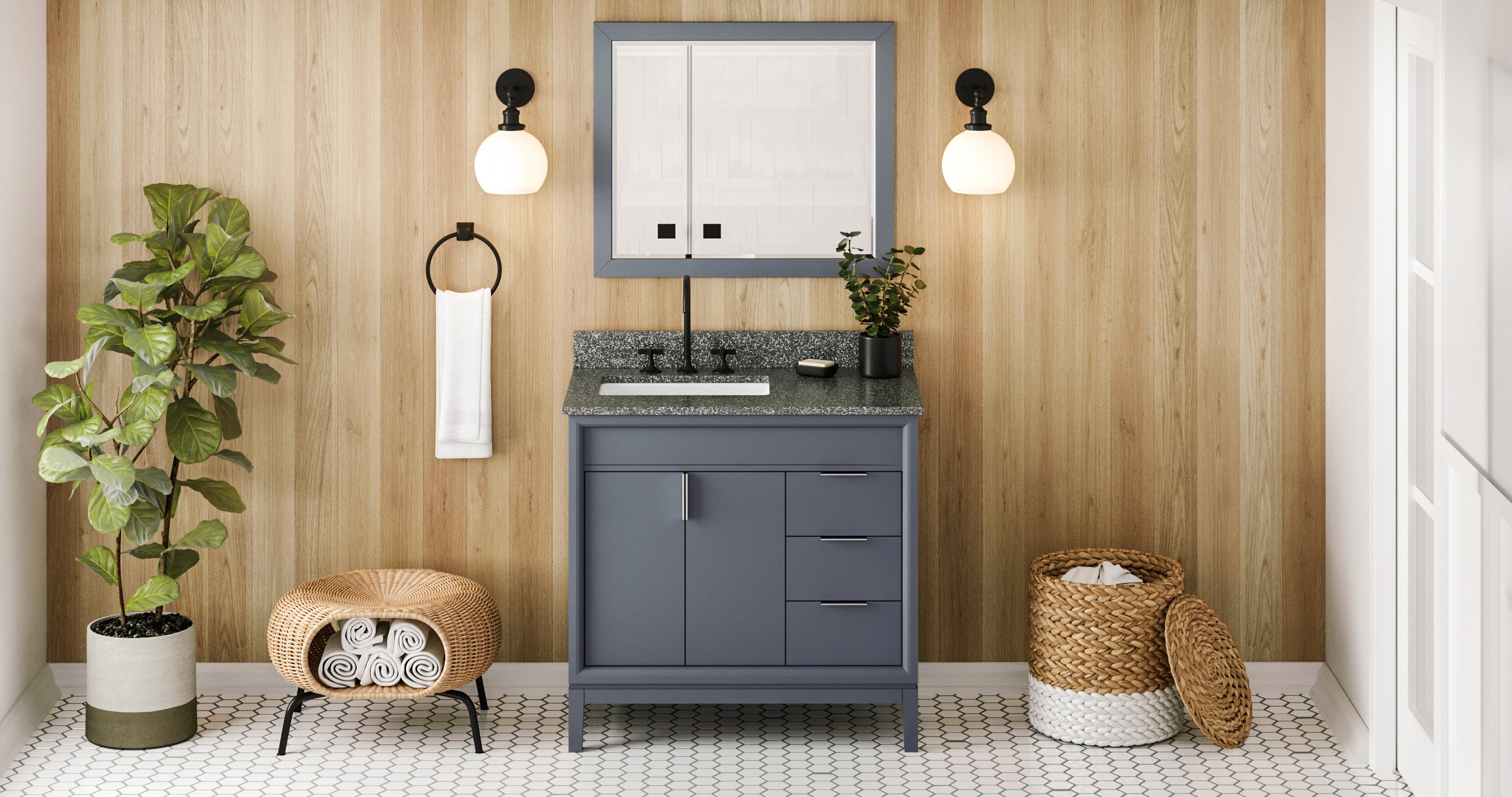 36" Blue Steel Theodora Vanity, left offset, Boulder Vanity Cultured Marble Vanity Top, undermount rectangle bowl | KitchBath